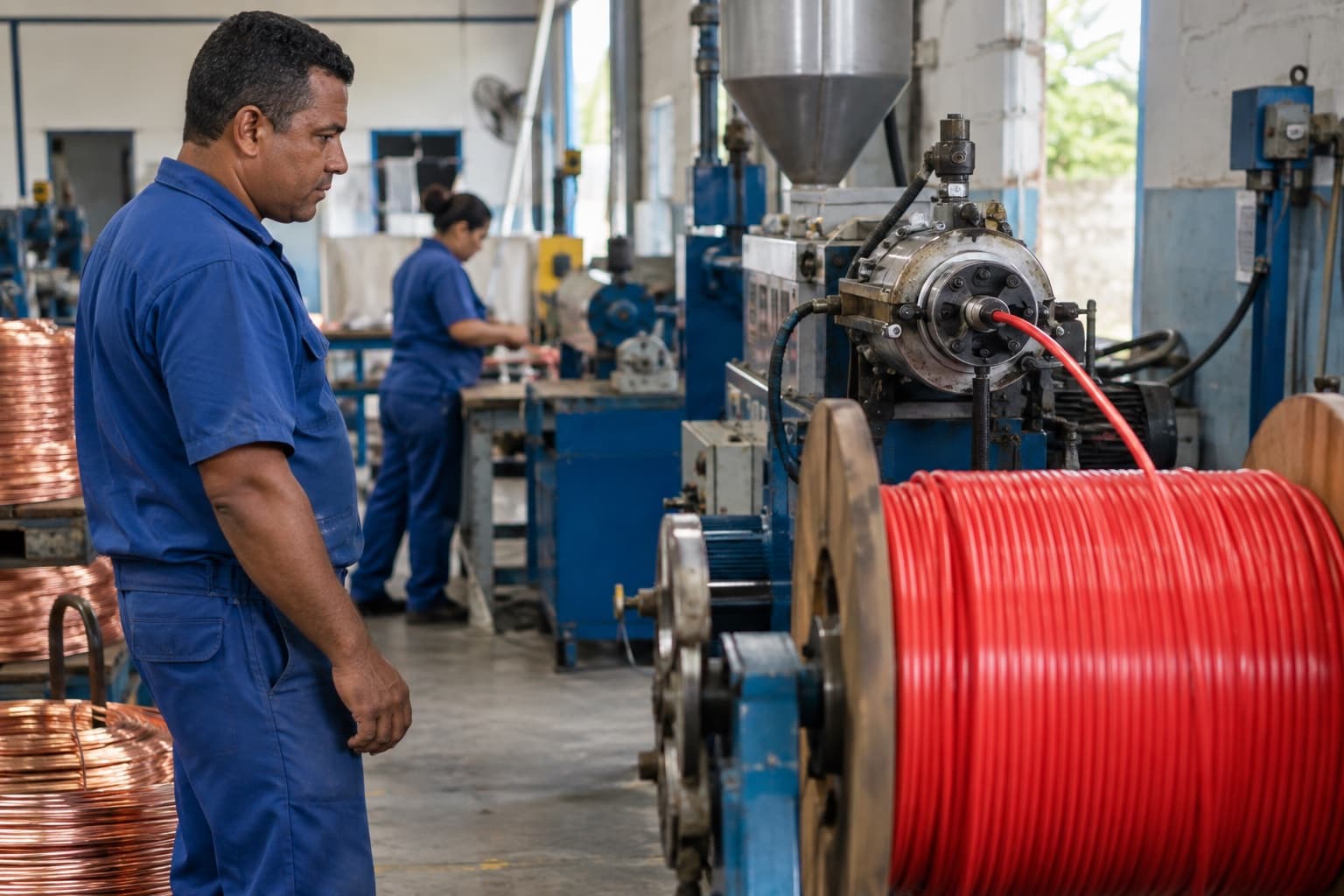 Operador de uniforme azul acompanhando a saída de cabo elétrico vermelho de uma extrusora para a bobinadeira numa fábrica de fios e cabos