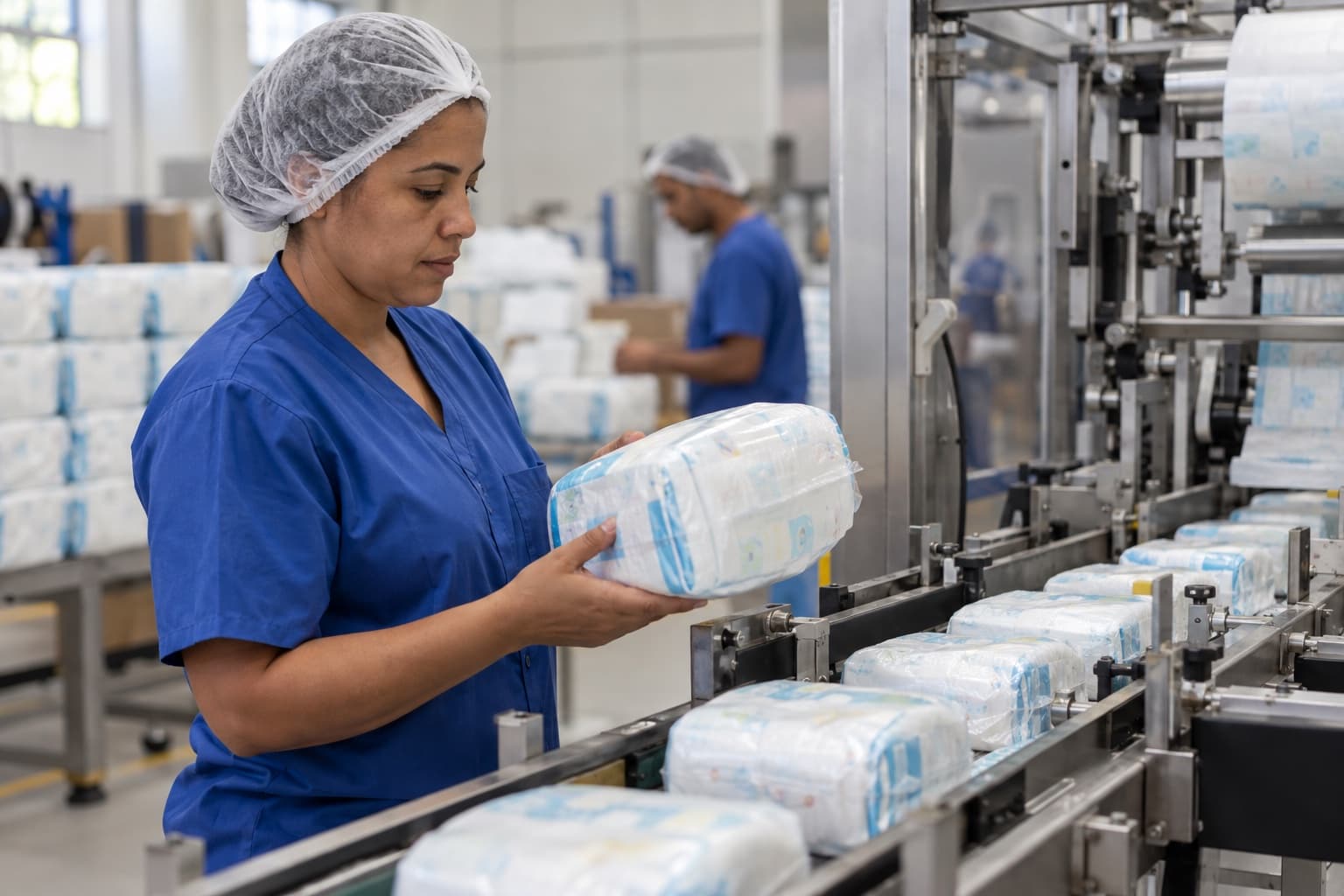 Operadora de touca e uniforme azul conferindo pacotes de fraldas na saída de uma máquina conversora numa fábrica limpa
