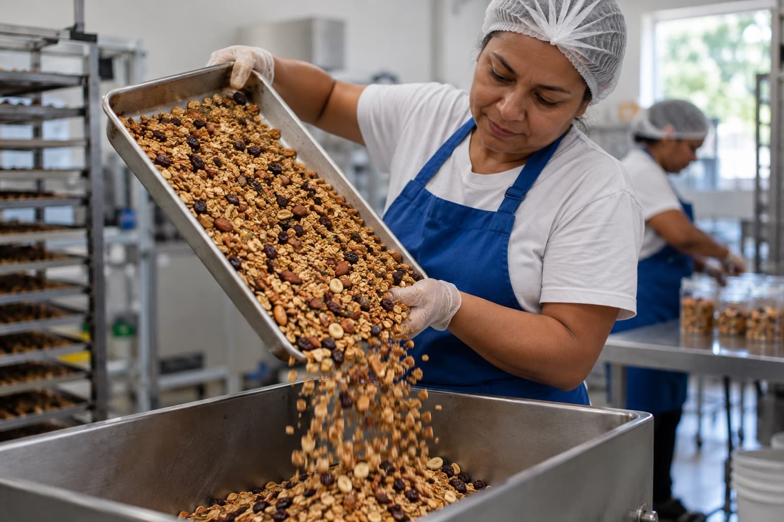 Funcionária de avental azul e touca despejando granola tostada com aveia, castanhas e frutas secas de uma assadeira num recipiente de inox numa pequena fábrica