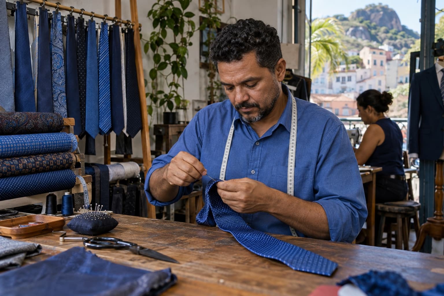 Alfaiate de camisa azul fazendo o acabamento à mão de uma gravata de seda numa mesa de trabalho, com rolos de tecido estampado e gravatas prontas penduradas