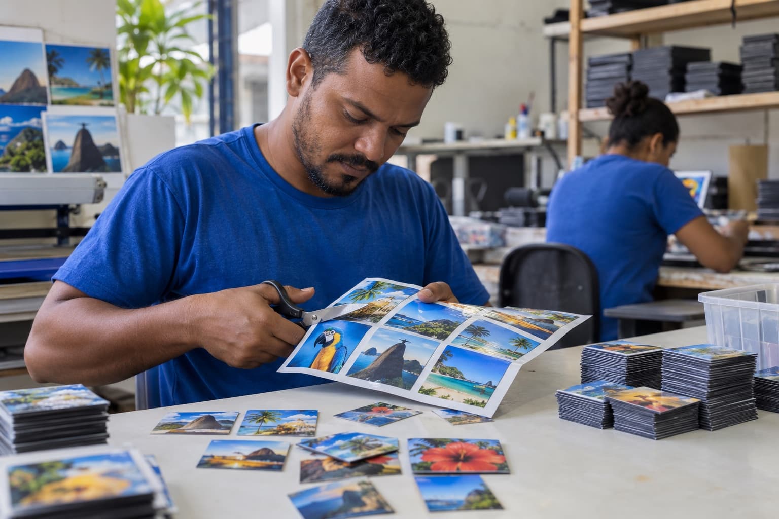 Trabalhador de camiseta azul cortando mantas magnéticas impressas em ímãs de geladeira em uma pequena oficina, com pilhas de ímãs sobre a mesa