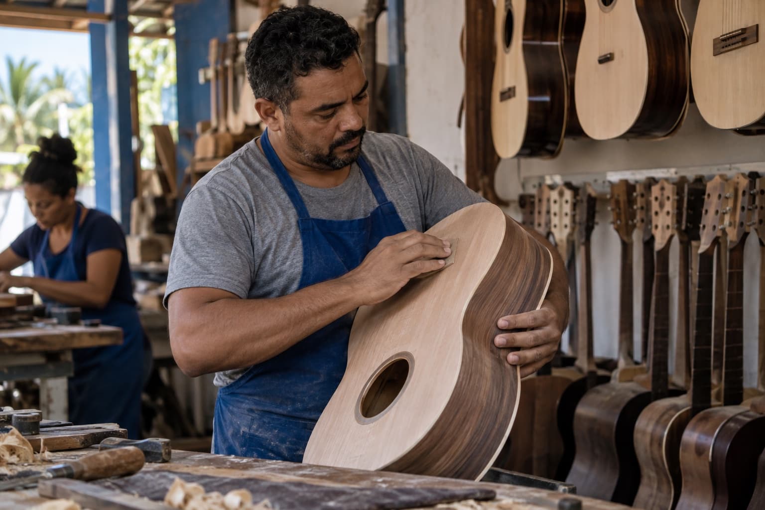 Artesão de avental azul lixando o corpo de madeira de um violão em uma fábrica de instrumentos, com corpos e braços pendurados na parede