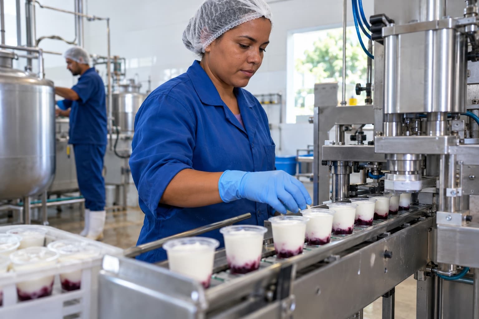 Funcionária de jaleco azul, touca e luvas conferindo copos de iogurte em uma envasadora, em pequena fábrica com tanques de inox