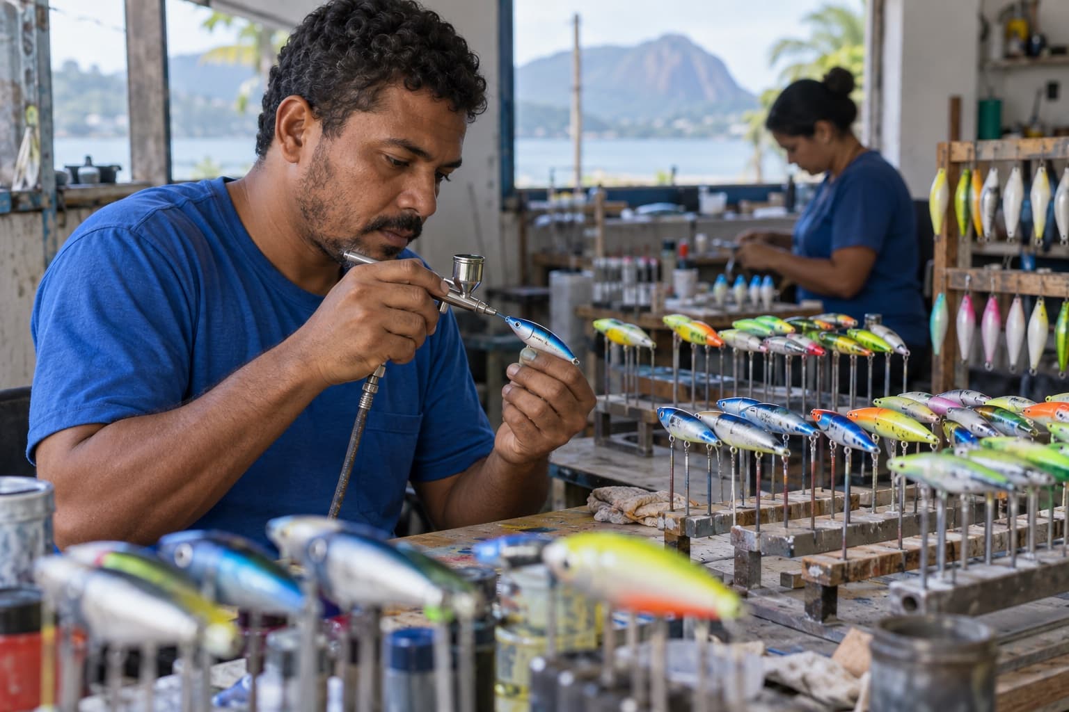Artesão de camisa azul pintando iscas artificiais de plástico com aerógrafo numa bancada, com fileiras de iscas coloridas secando em suportes