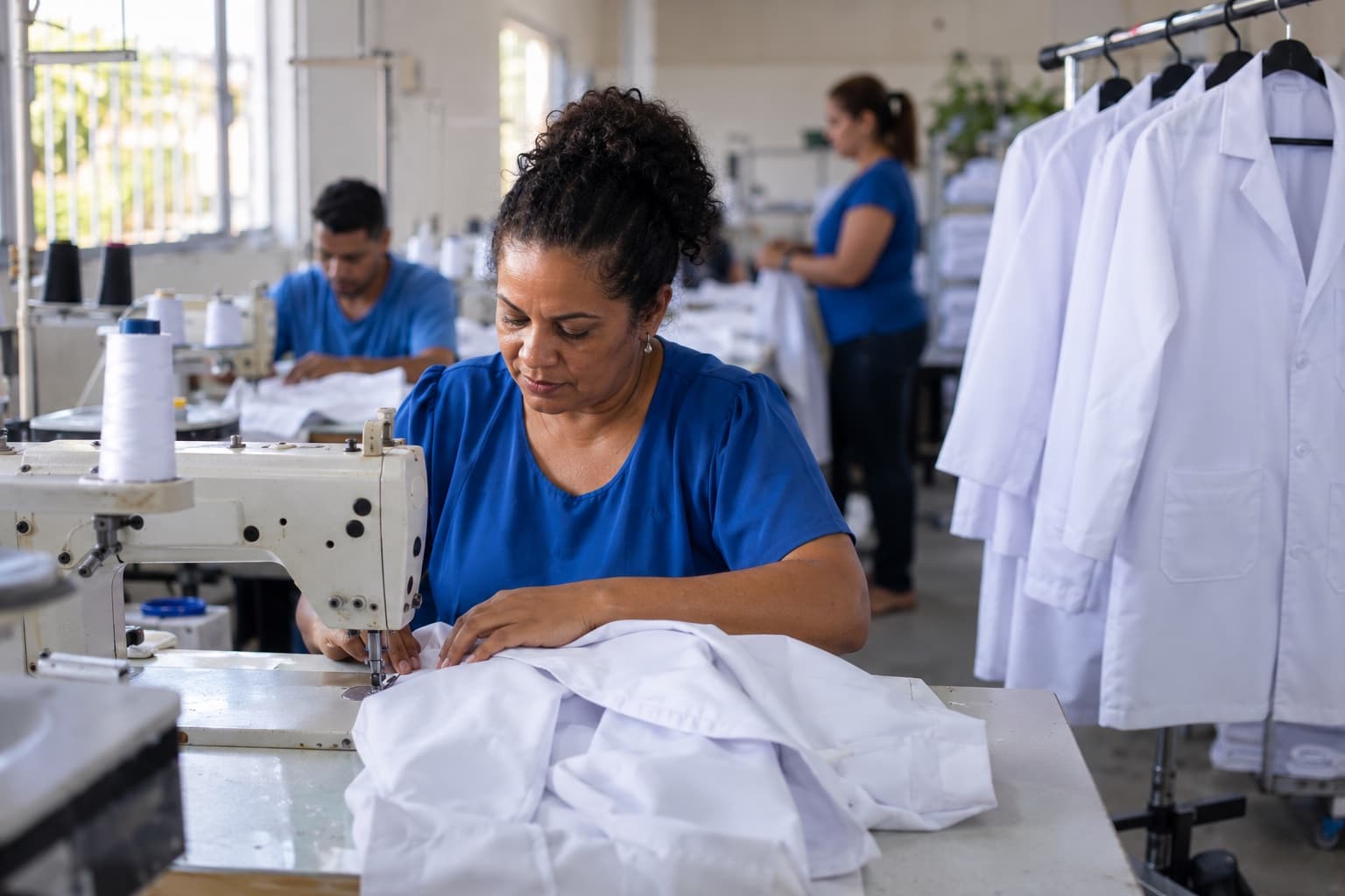 Costureira de blusa azul costurando um jaleco branco em máquina industrial numa pequena confecção, com jalecos prontos pendurados numa arara