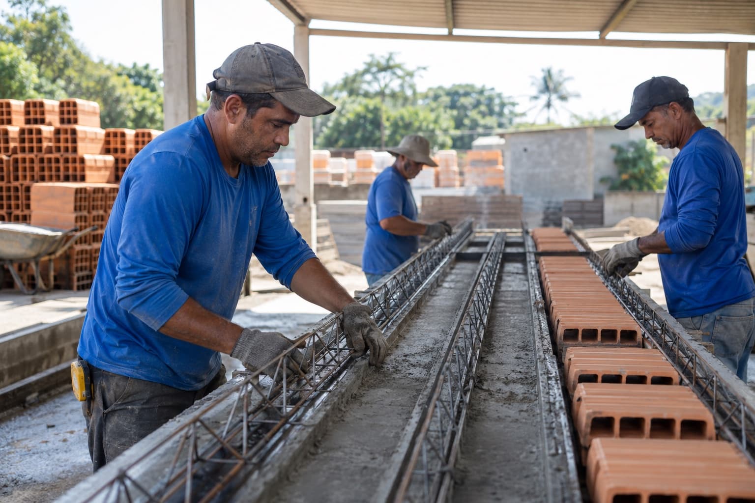 Trabalhadores de camisa azul colocando treliças de aço em fôrmas de vigotas numa pista de concretagem coberta, com lajotas empilhadas ao lado