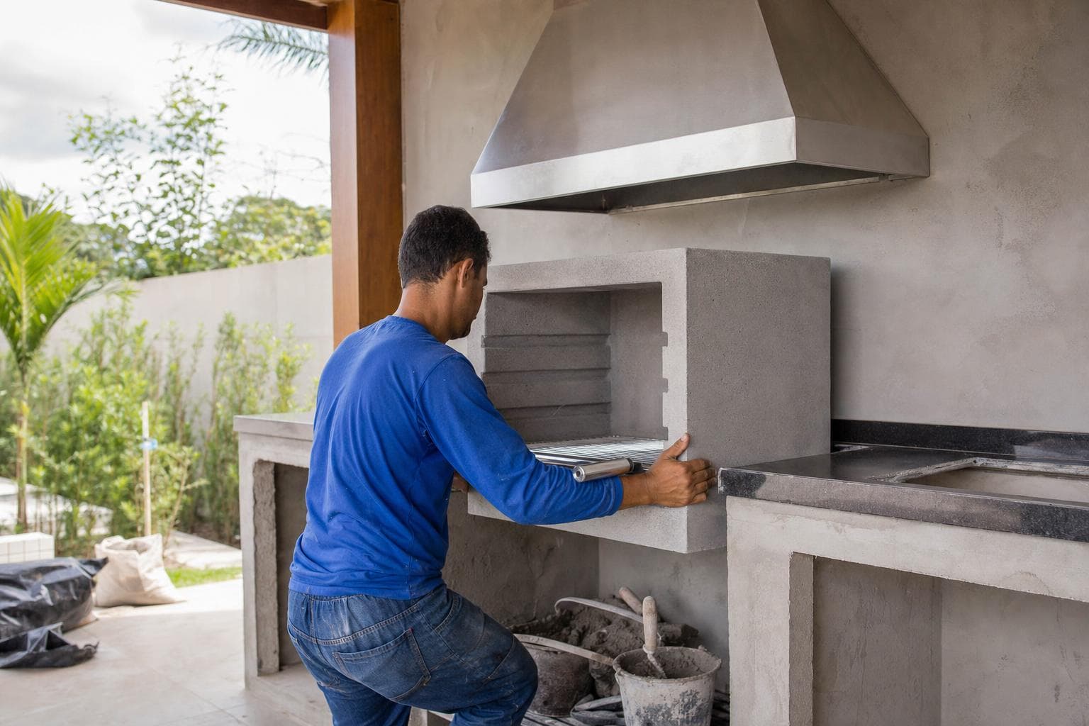 Montador em camisa azul assentando uma churrasqueira pré-moldada em uma área gourmet em obra