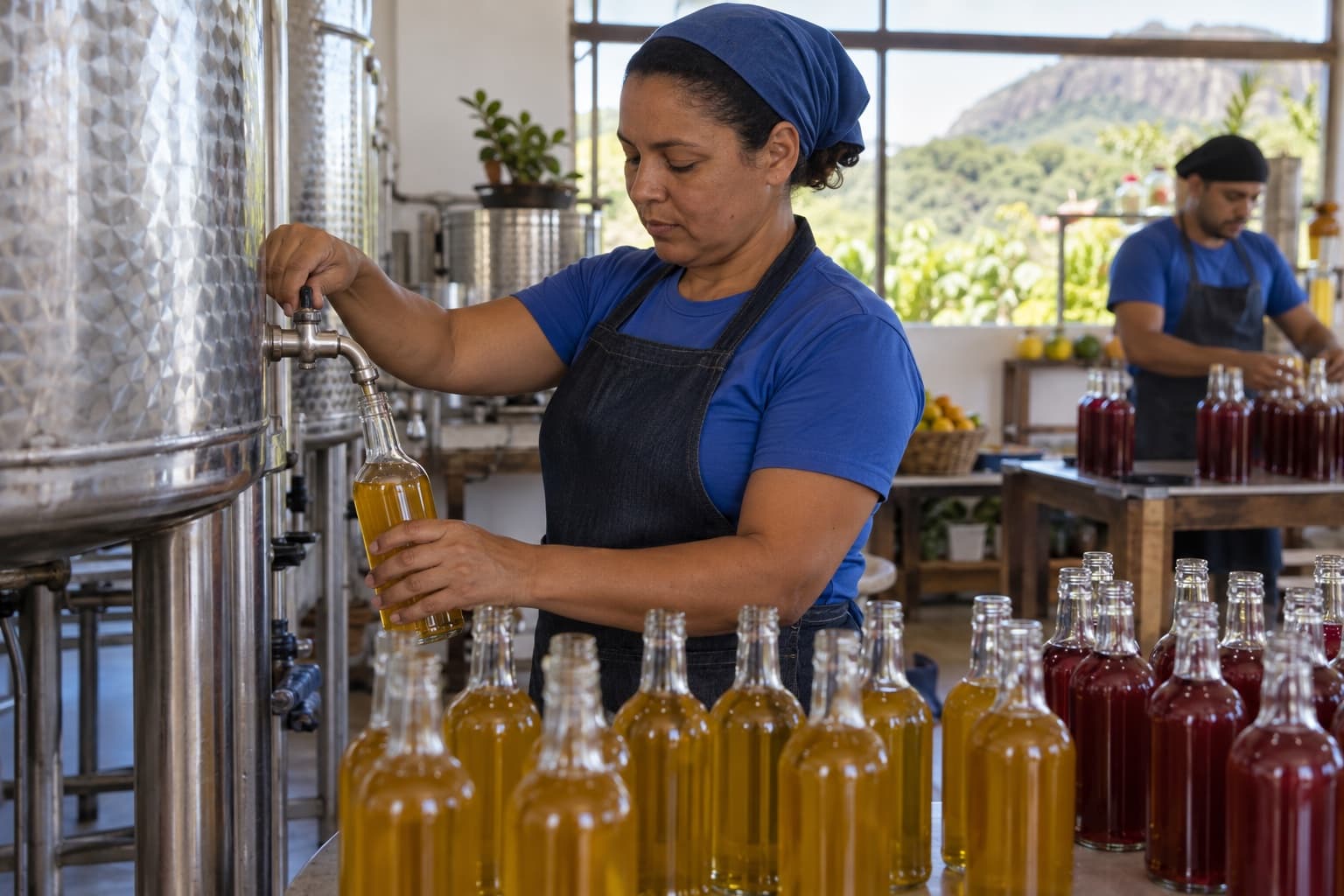 Produtor de avental azul enchendo garrafas de vidro com licor de frutas a partir de um tanque de inox numa pequena fábrica artesanal