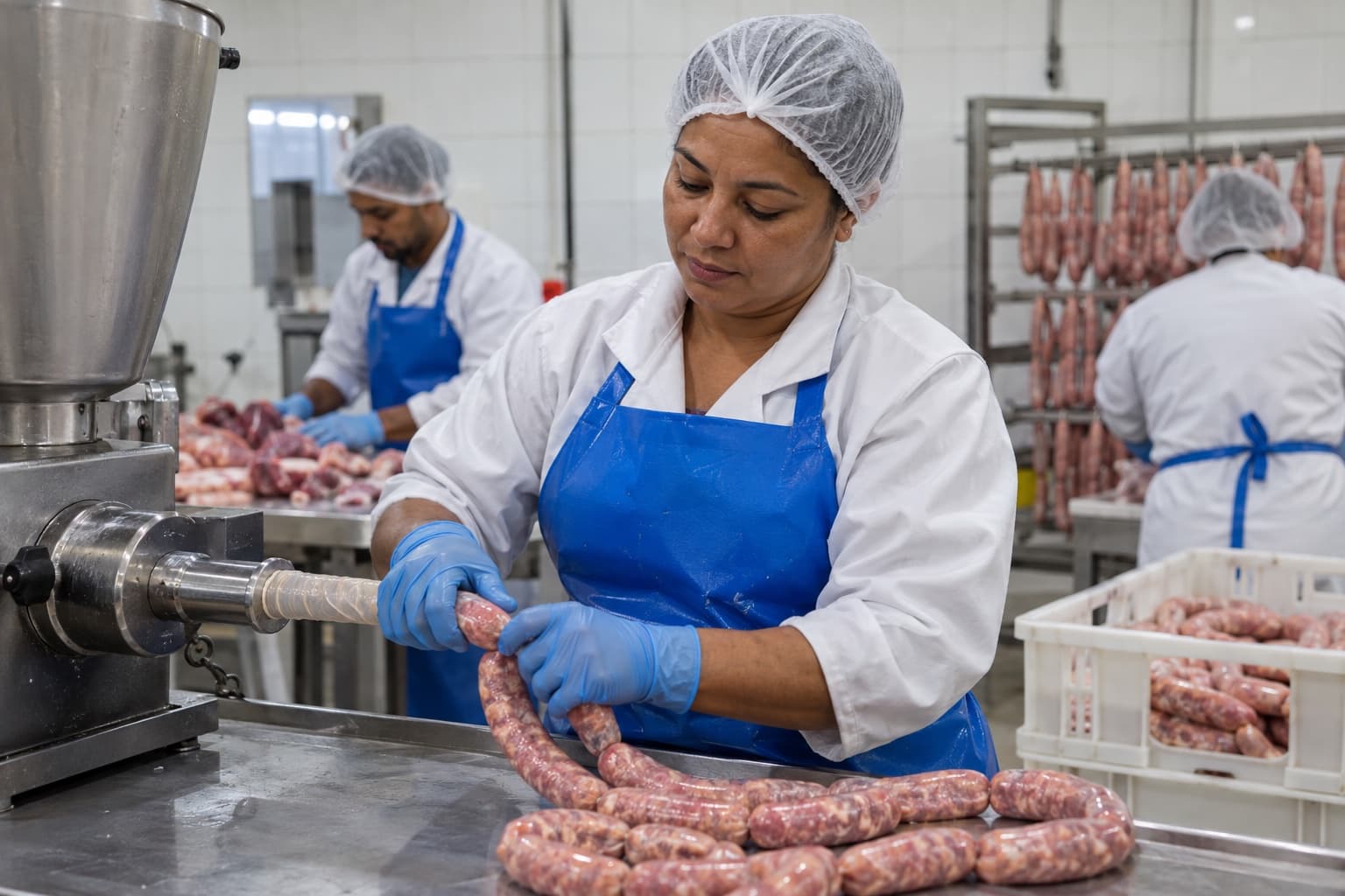 Funcionária de jaleco branco, avental azul, touca e luvas torcendo gomos de linguiça fresca saindo de uma embutideira numa pequena indústria de carnes