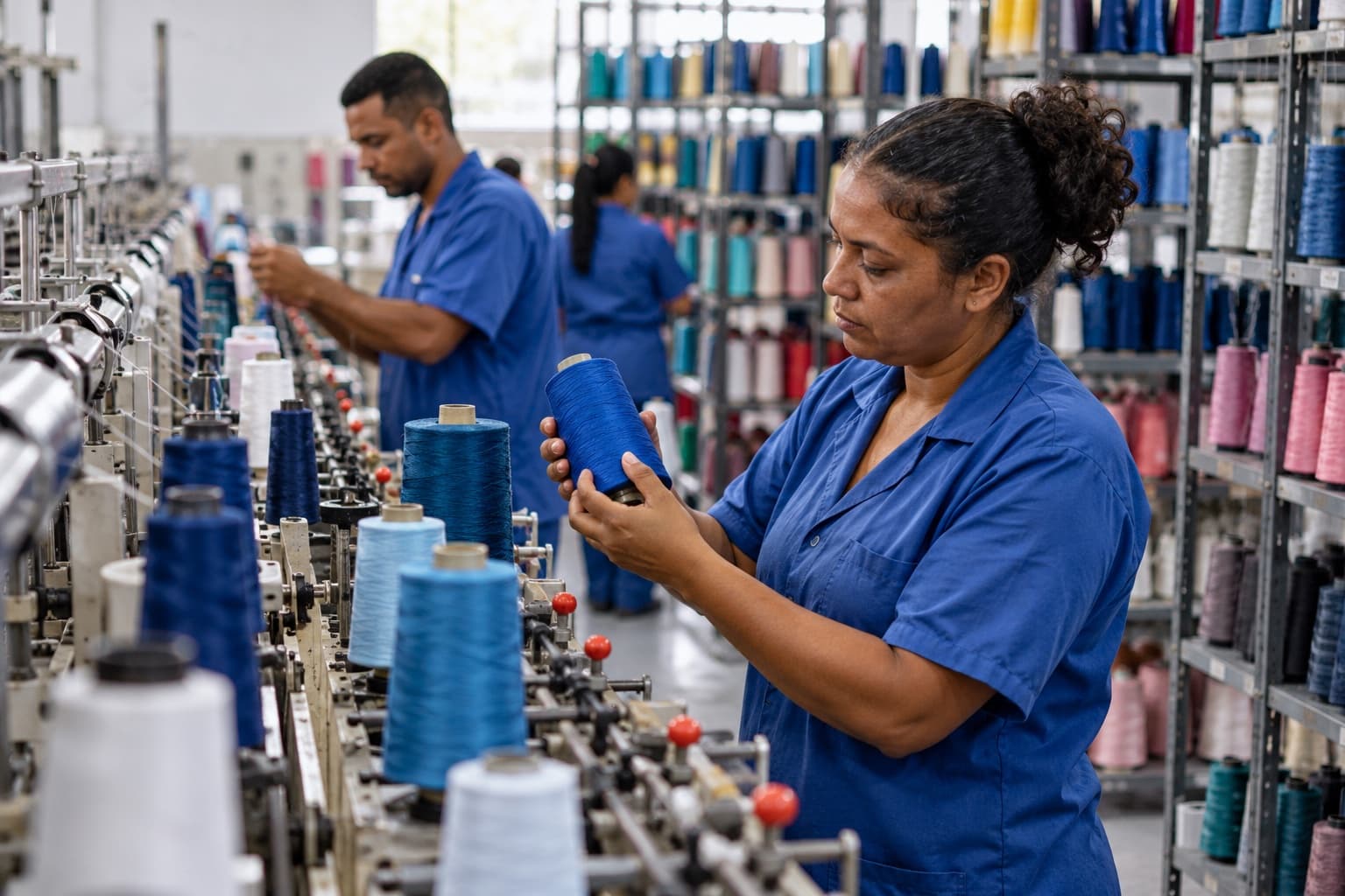 Operária de uniforme azul conferindo um cone de linha numa máquina de enrolar, com prateleiras cheias de cones coloridos de linha de costura e bordado