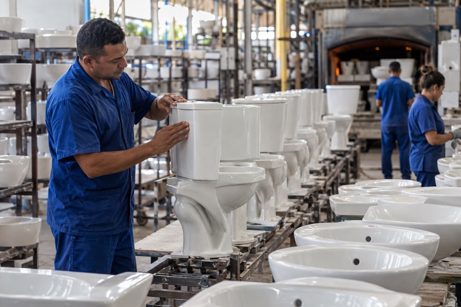 Operário de uniforme azul inspecionando bacias sanitárias e lavatórios brancos esmaltados numa linha de produção antes do forno, com prateleiras de peças ao fundo