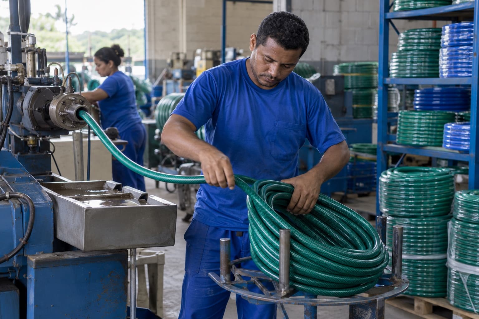 Funcionário de uniforme azul enrolando uma mangueira verde de jardim que sai de uma linha de extrusão, com rolos prontos em prateleiras