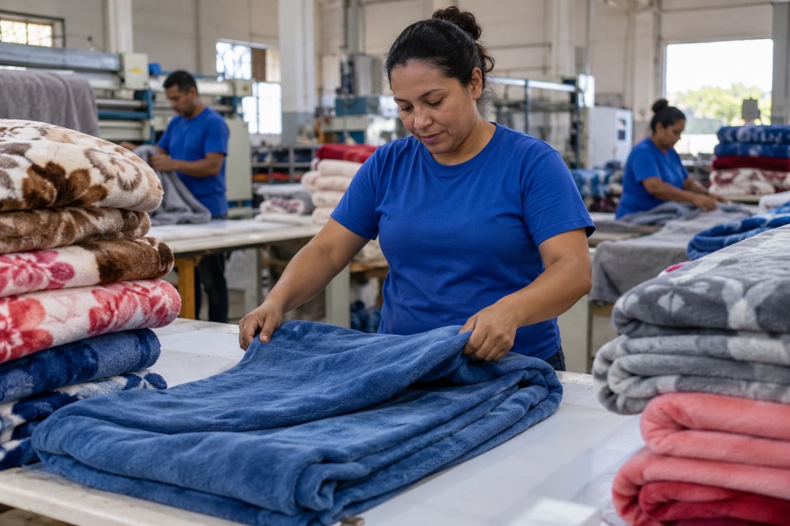 Trabalhadora de camiseta azul dobrando mantas de fleece numa mesa de uma fábrica de cobertores, com pilhas de mantas coloridas dobradas