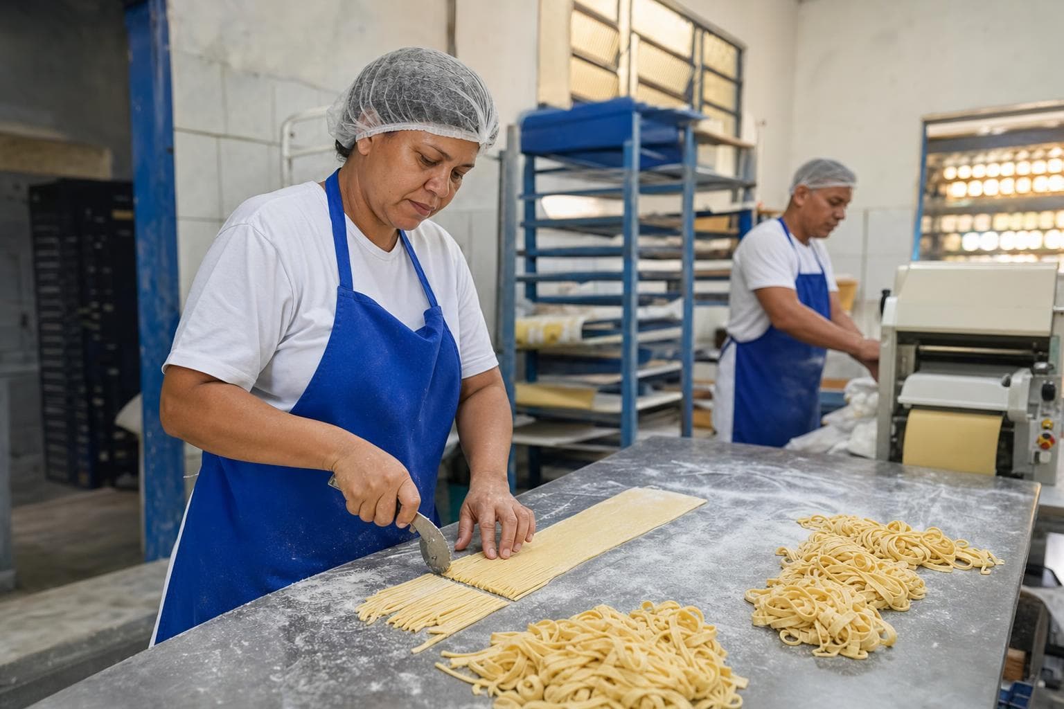 Funcionária cortando massa fresca de talharim em uma pequena fábrica de massas