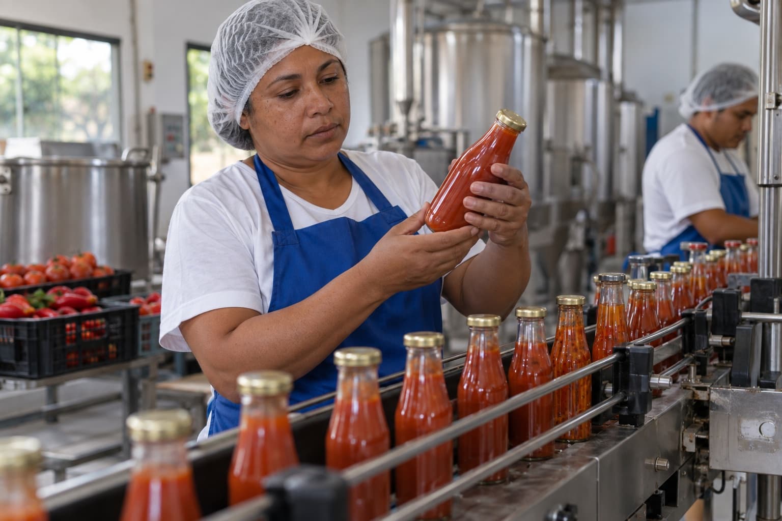 Funcionário de avental azul e touca conferindo garrafas de vidro de molho de tomate e de pimenta em uma pequena linha de envase, com tachos de inox ao fundo