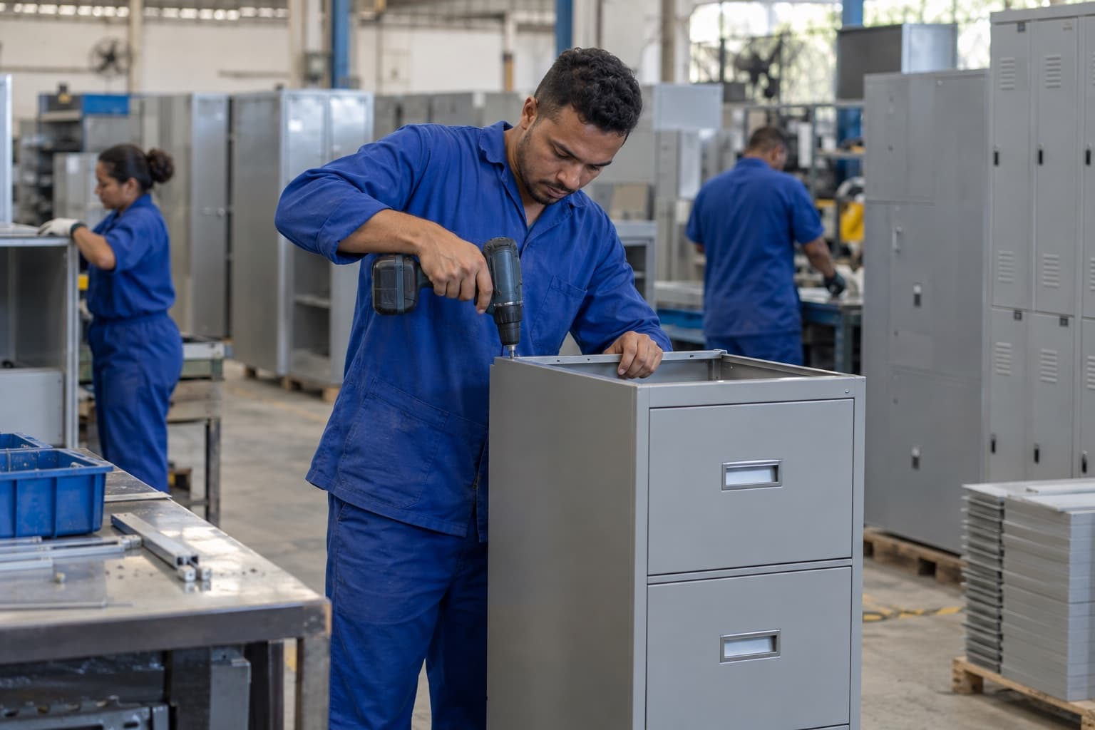Trabalhador de macacão azul montando um arquivo de aço cinza em uma fábrica, com fileiras de roupeiros e armários metálicos ao fundo