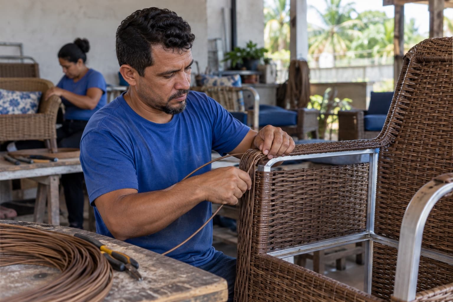 Artesão de camiseta azul trançando fibra sintética marrom em volta da estrutura de alumínio de uma poltrona de área externa numa pequena oficina de móveis