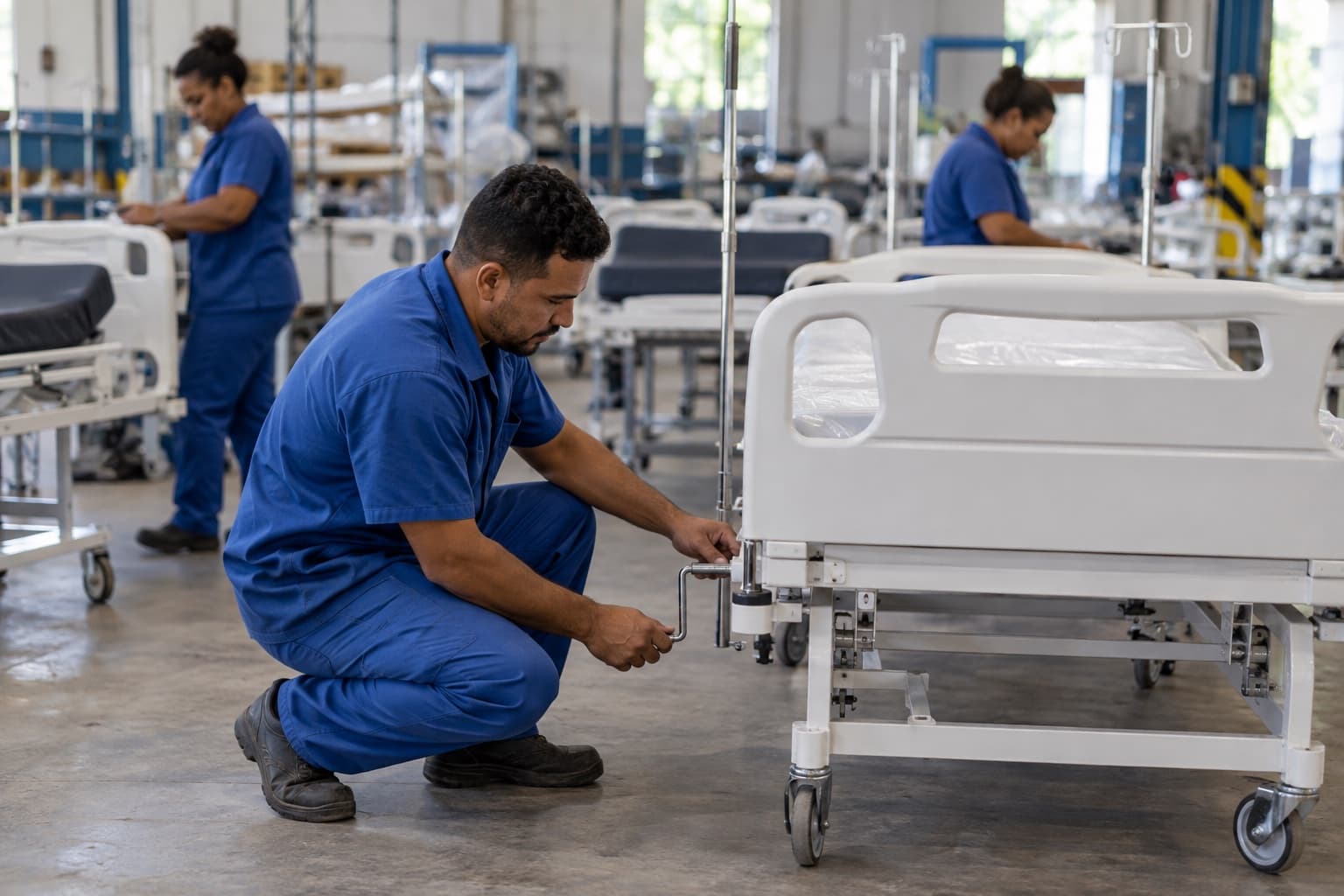 Montador de uniforme azul ajustando a manivela de uma cama hospitalar branca recém-pintada numa linha de montagem com macas e suportes de soro
