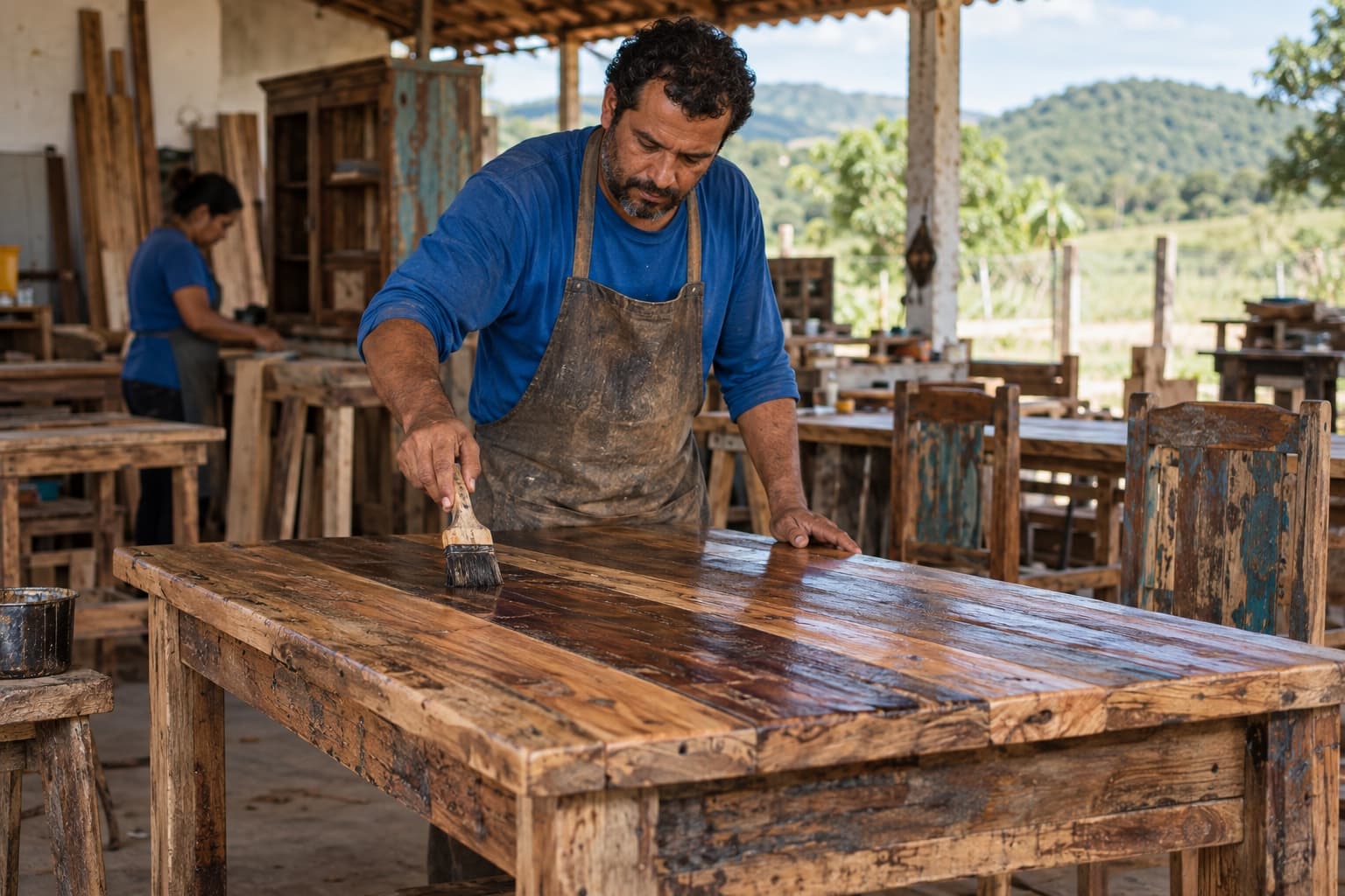 Marceneiro de camisa azul dando acabamento numa mesa de jantar rústica de madeira de demolição em uma oficina no interior