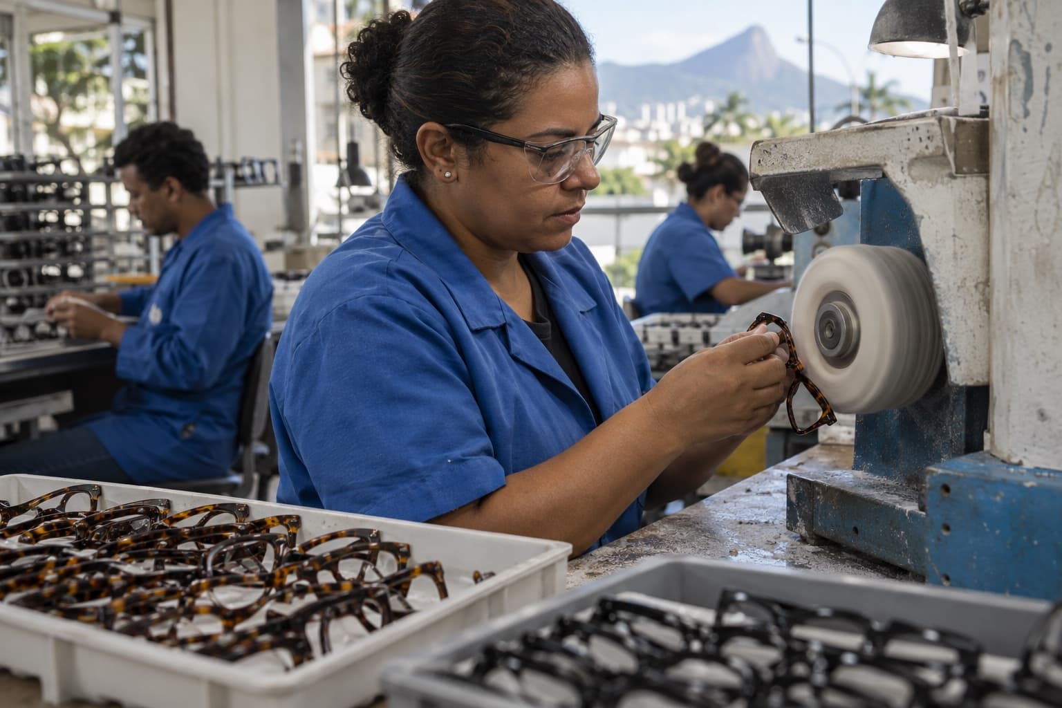 Funcionária de jaleco azul polindo uma armação de acetato numa politriz, com bandejas de armações inacabadas sobre a bancada de uma pequena fábrica de óculos