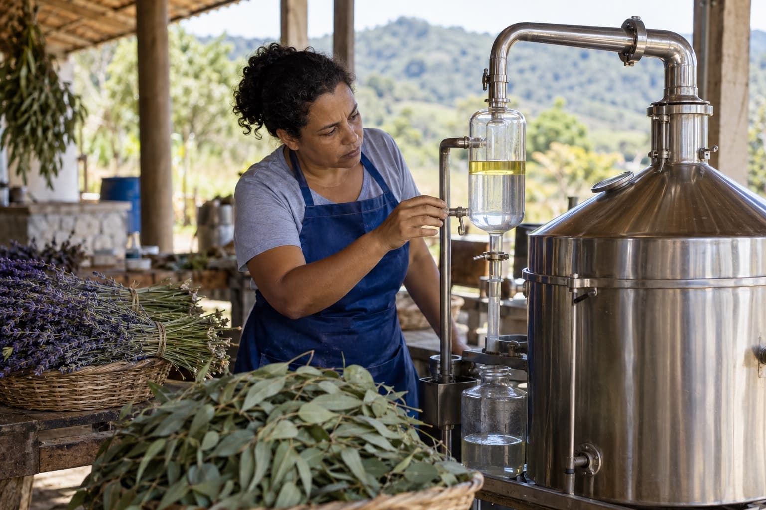 Trabalhadora de avental azul conferindo um alambique de inox com separador de vidro coletando óleo essencial, com feixes de lavanda e folhas de eucalipto ao lado
