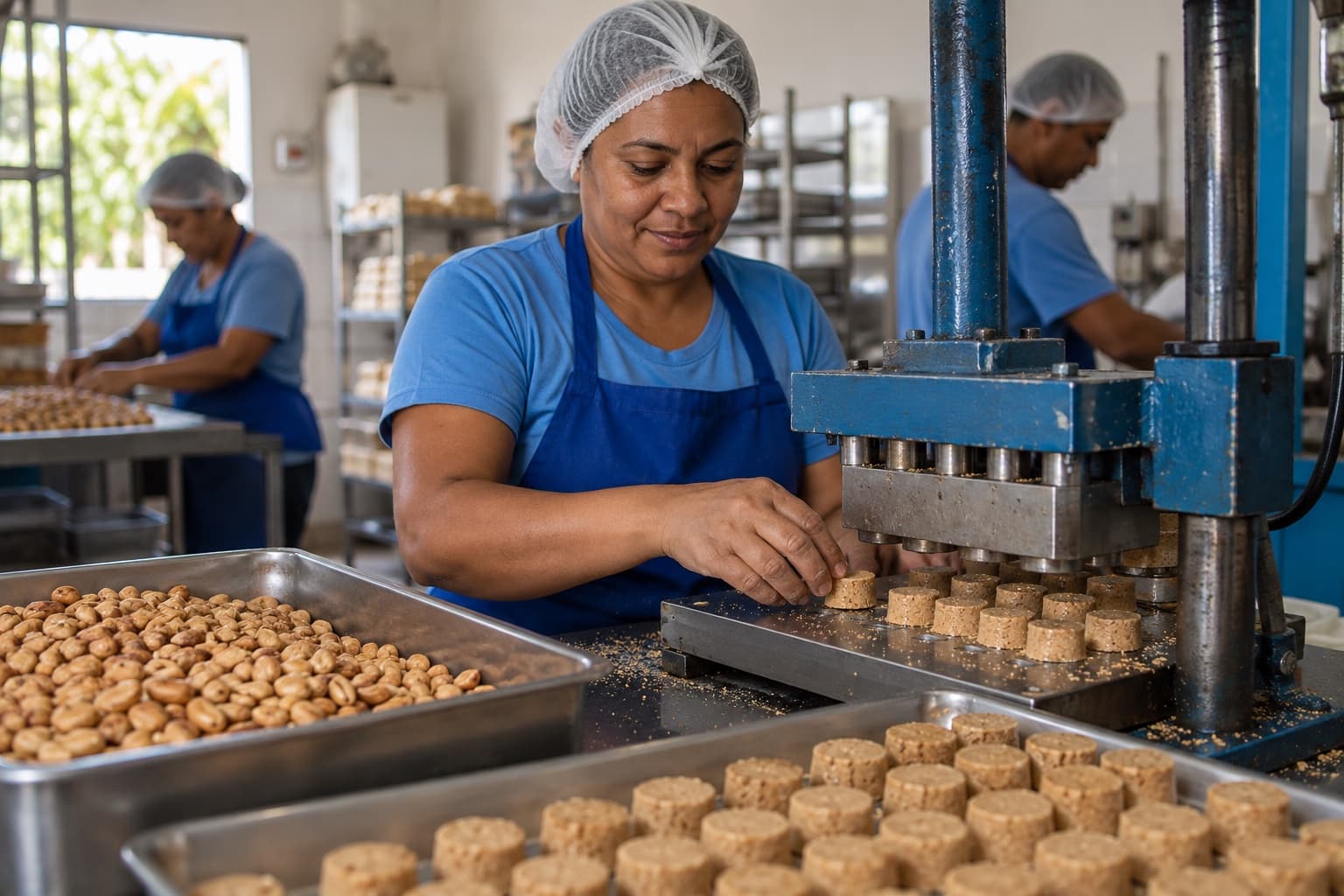 Funcionária de avental azul e touca prensando paçocas redondas em uma máquina de prensar, em pequena fábrica de doces com bandejas de amendoim ao lado