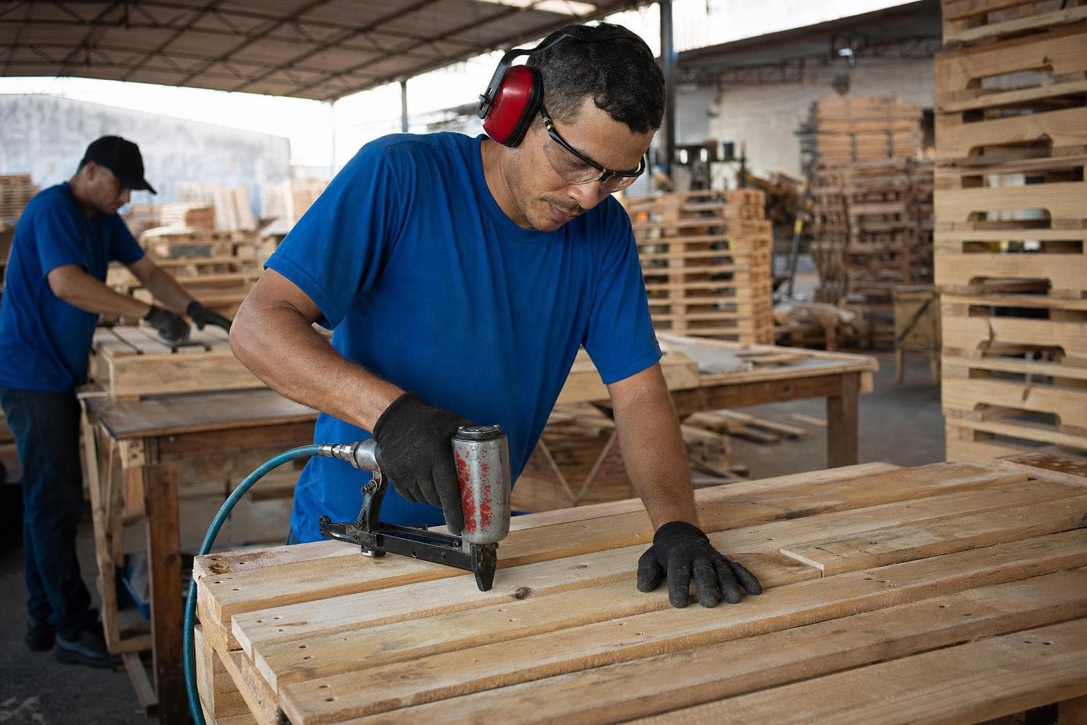 Marceneiro montando um pallet de madeira com pregadeira pneumática em uma fábrica de pallets