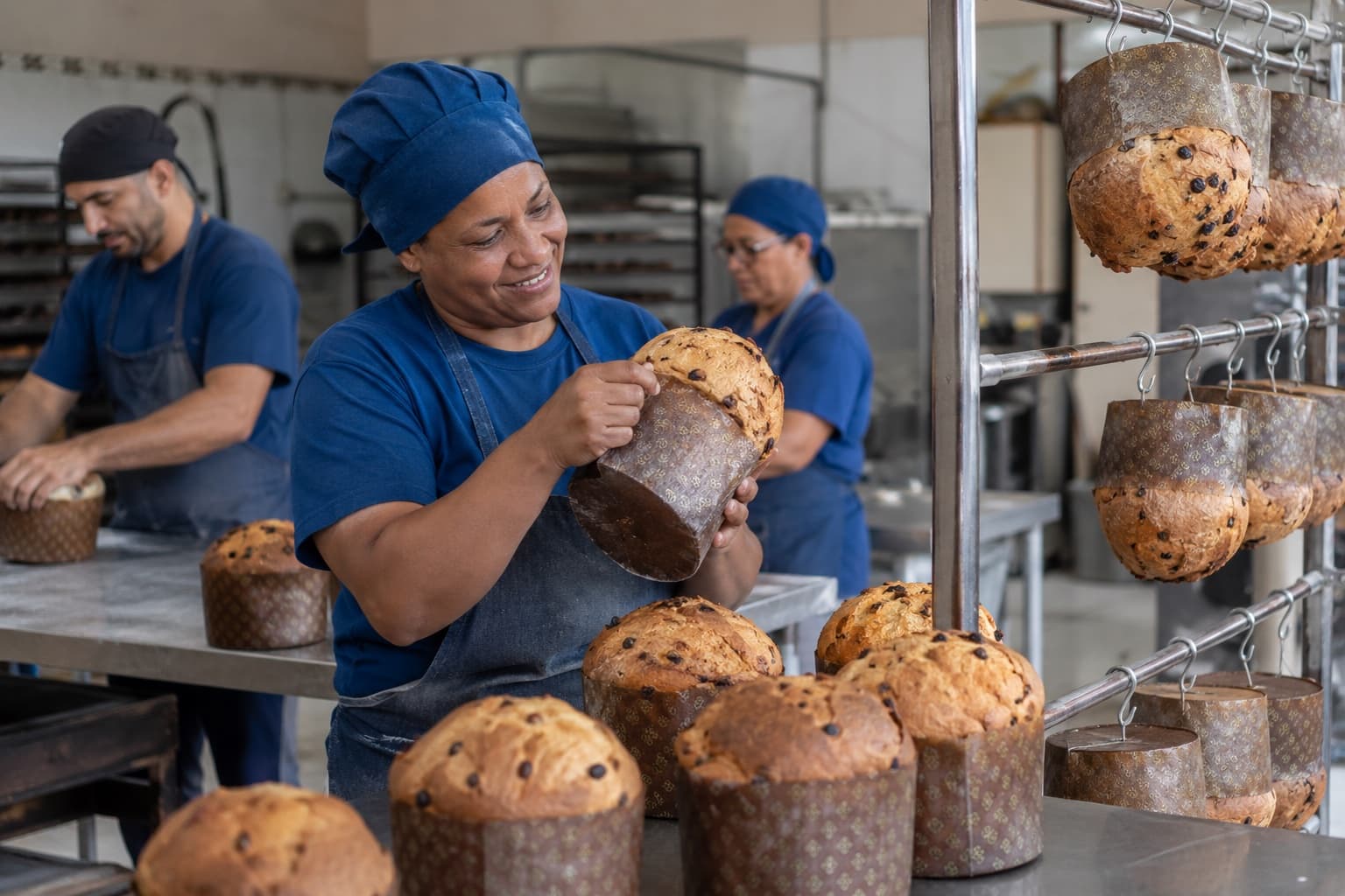 Padeiros de touca e avental azul retirando panetones das fôrmas de papel e pendurando de cabeça para baixo em racks de resfriamento numa fábrica pequena