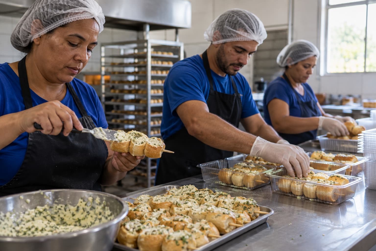 Funcionárias de touca e avental azul passando pasta de alho em pães e montando espetos de pão de alho em bandejas numa pequena cozinha de produção