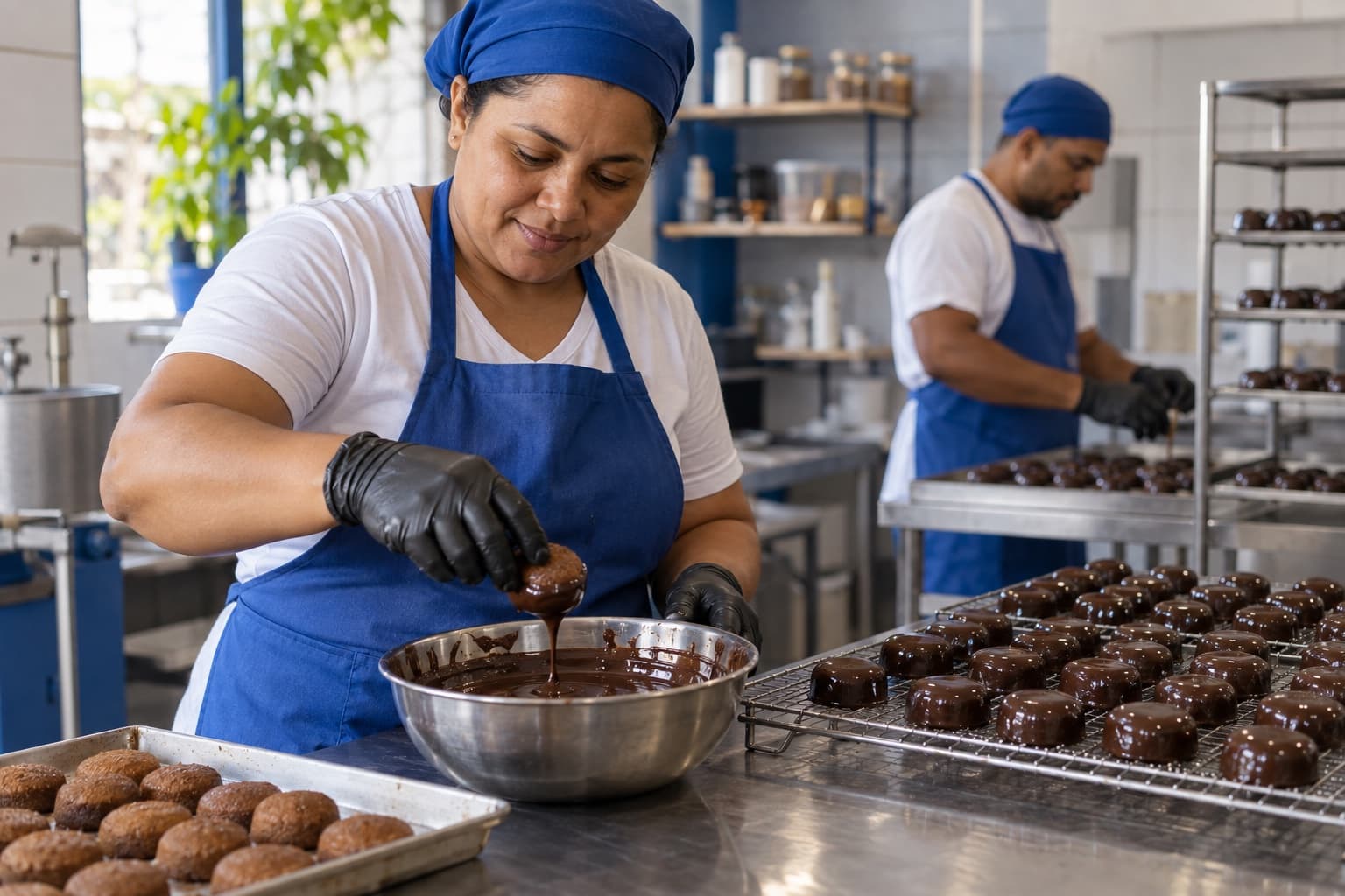 Confeiteiro de avental azul banhando pães de mel em chocolate derretido sobre mesa de inox, grades com fileiras de pães de mel cobertos ao lado