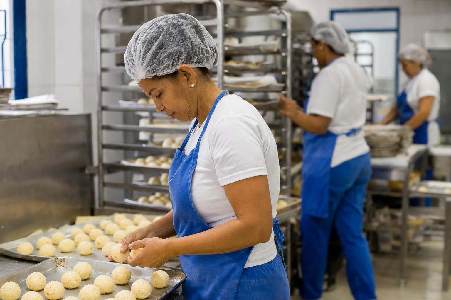 Funcionário boleando massa de pão de queijo em bandejas numa pequena fábrica