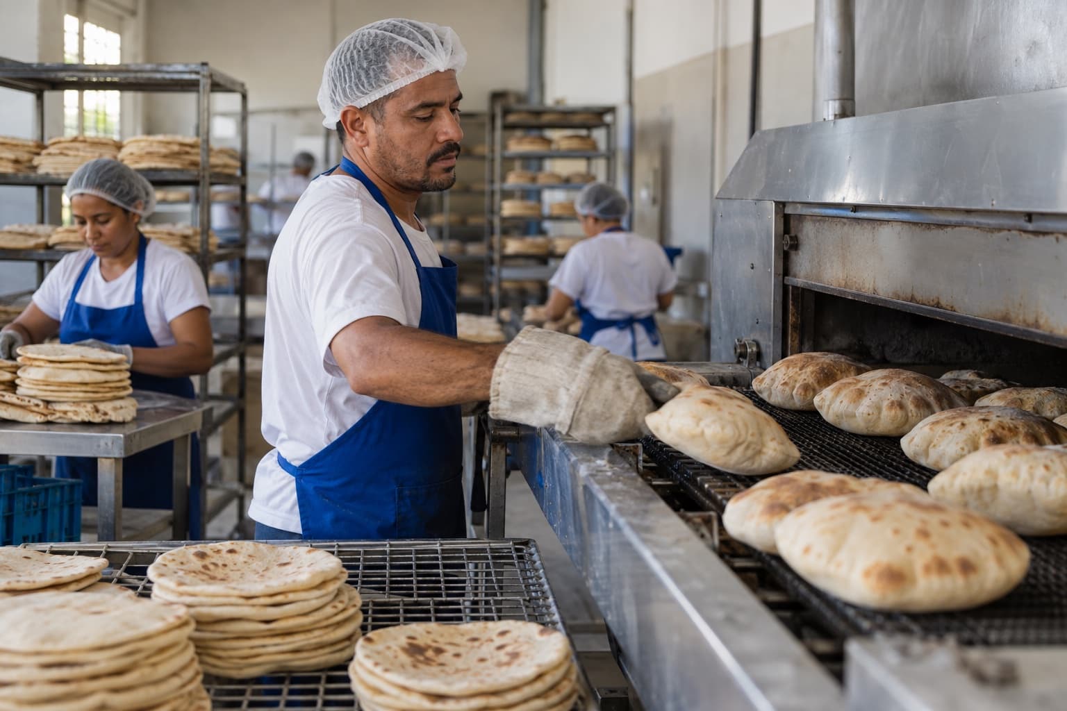 Padeiro de avental azul retirando pães sírios estufados de um forno de esteira numa pequena fábrica, com pilhas de pão esfriando em grades