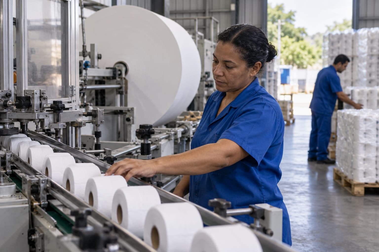 Operador de roupa azul acompanhando rolos de papel higiênico saindo de uma máquina rebobinadeira, com uma bobina jumbo ao fundo e fardos em paletes