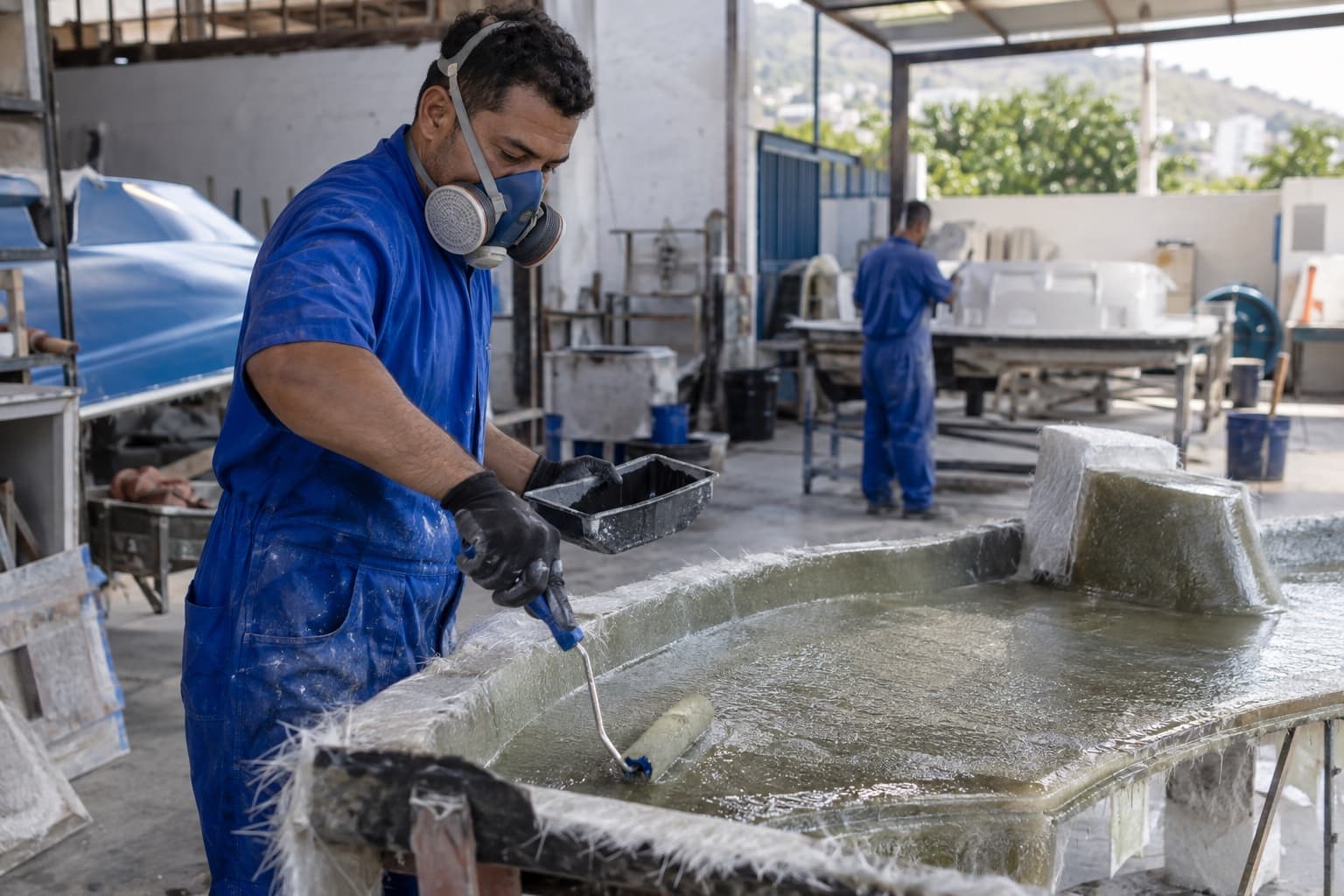 Trabalhador de macacão azul e máscara respiratória aplicando resina com rolo sobre um molde de fibra de vidro numa oficina de peças em fibra