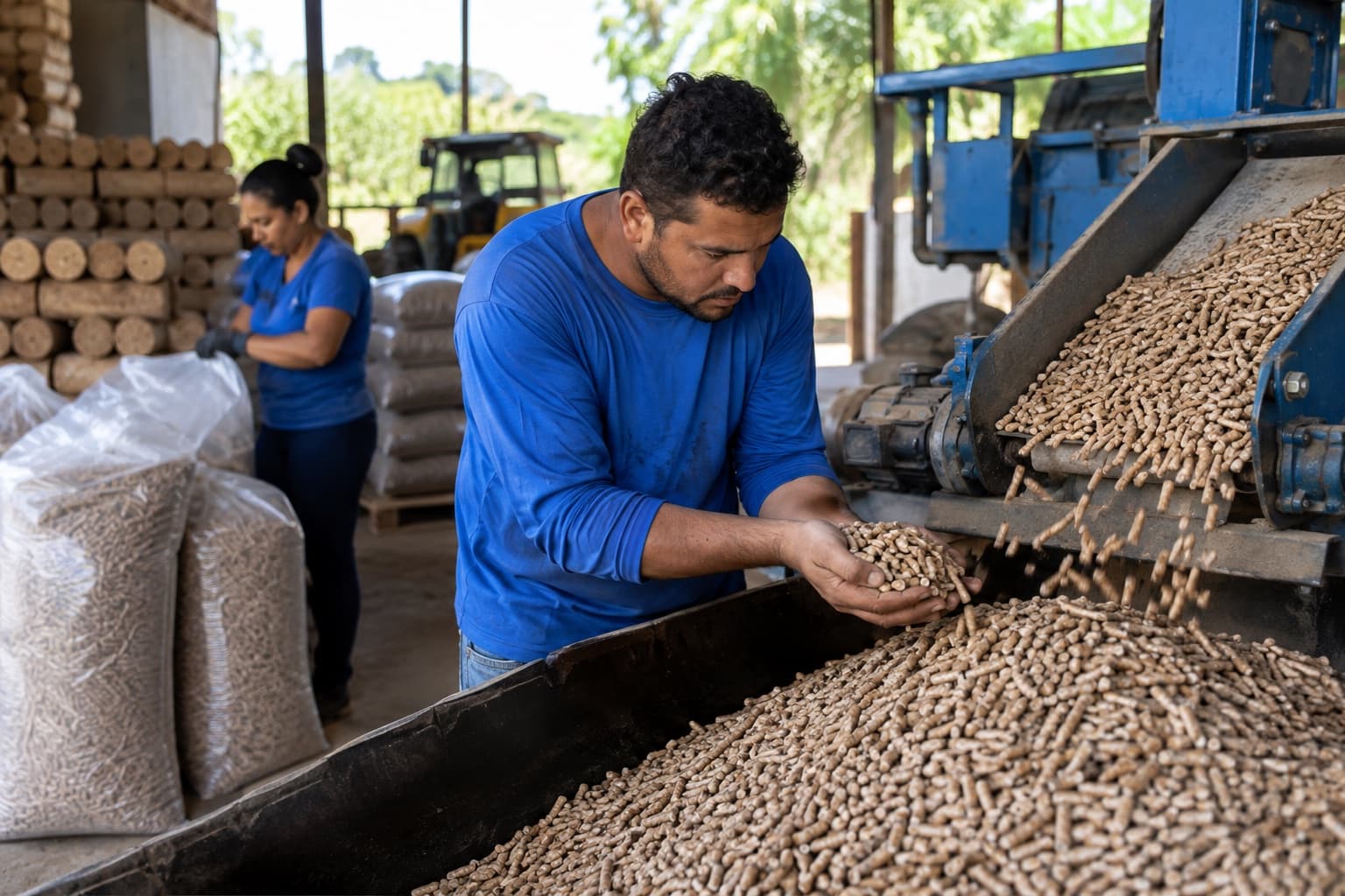 Funcionário conferindo pellets de madeira saindo da esteira da peletizadora, com sacos de pellets e briquetes empilhados