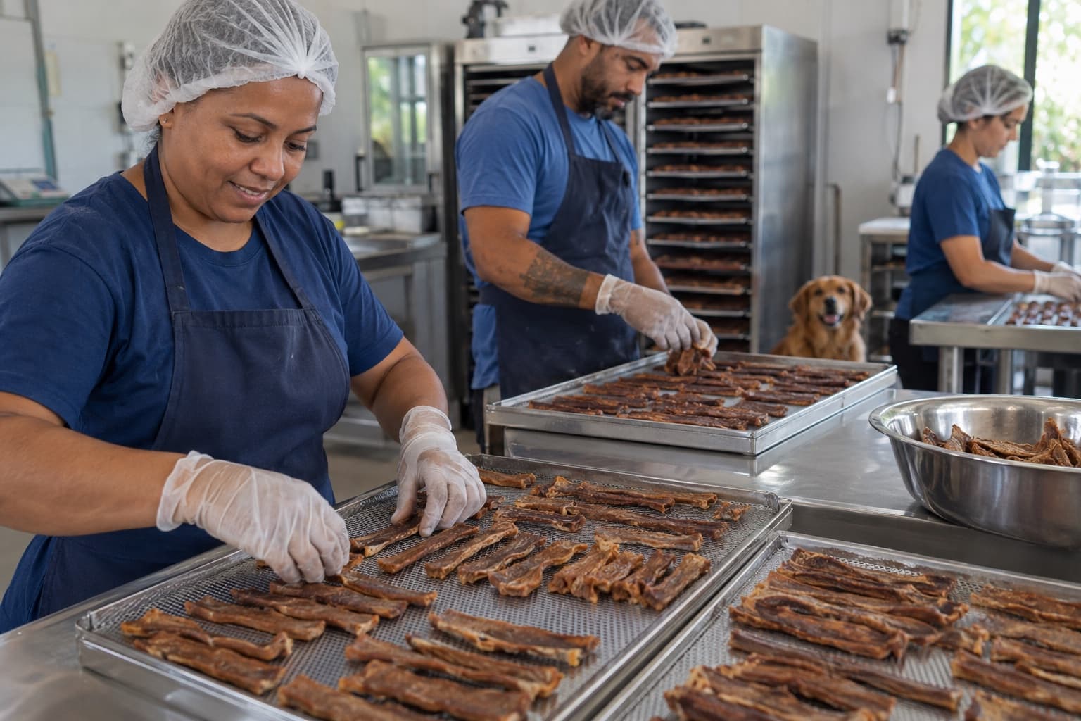Funcionários de touca e luvas arrumando petiscos desidratados de carne em bandejas de desidratador numa cozinha com mesas de inox