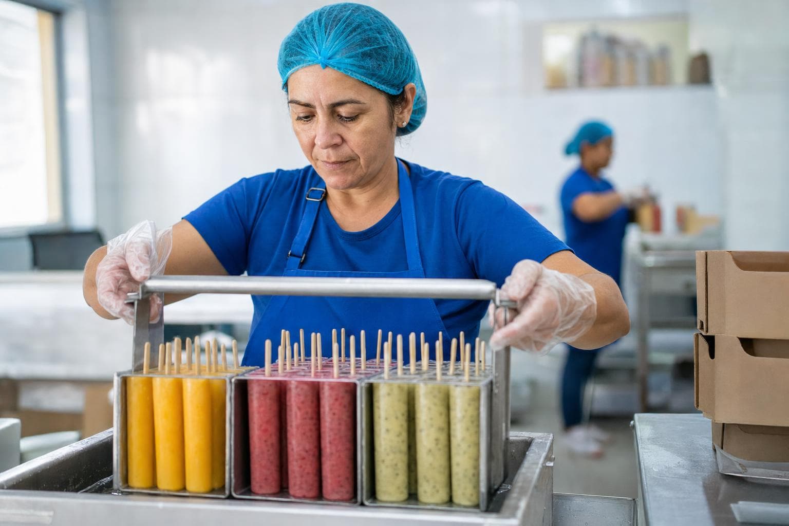 Funcionária desenformando picolés de frutas em linha de produção de uma pequena fábrica