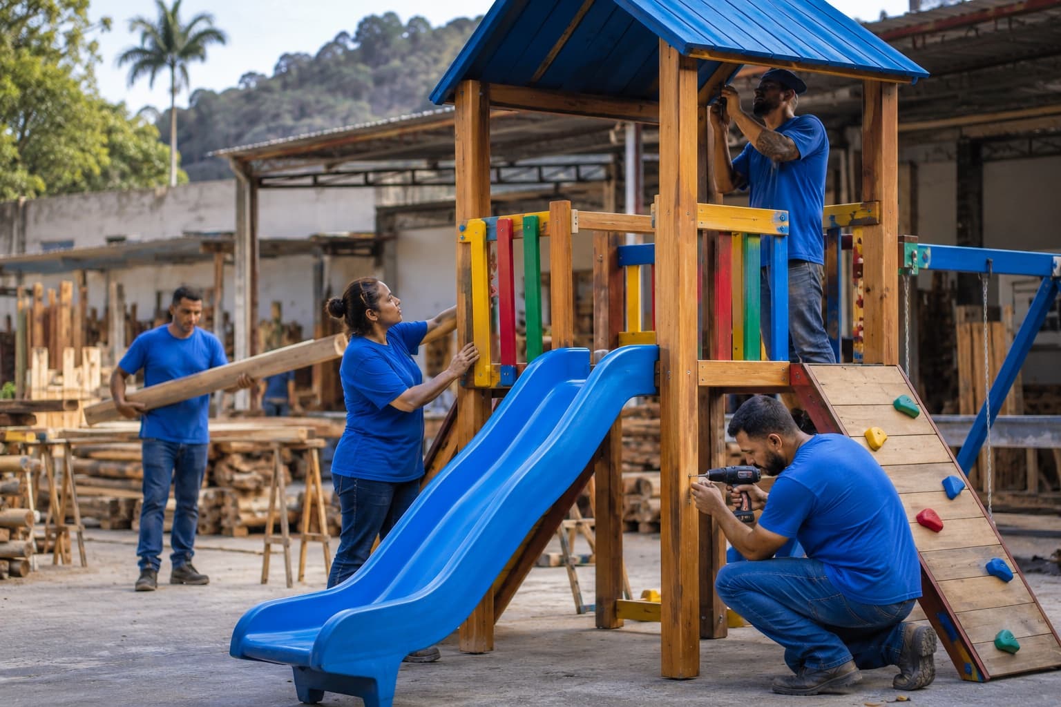 Trabalhadores de camiseta azul montando uma estrutura colorida de playground infantil de madeira com escorregador no pátio da fábrica