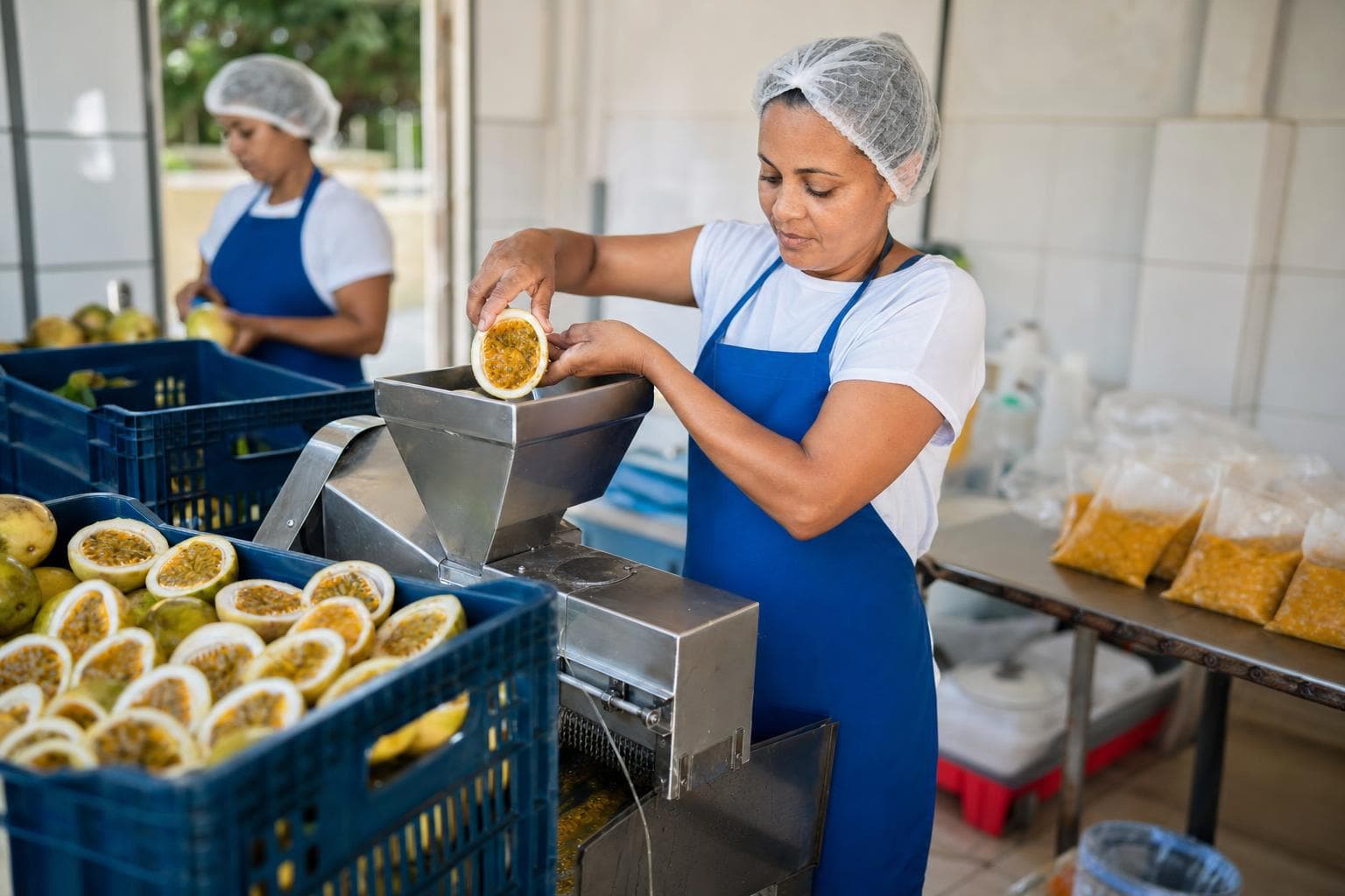 Operadora de touca e avental azul abastecendo a despolpadeira com maracujás em uma agroindústria