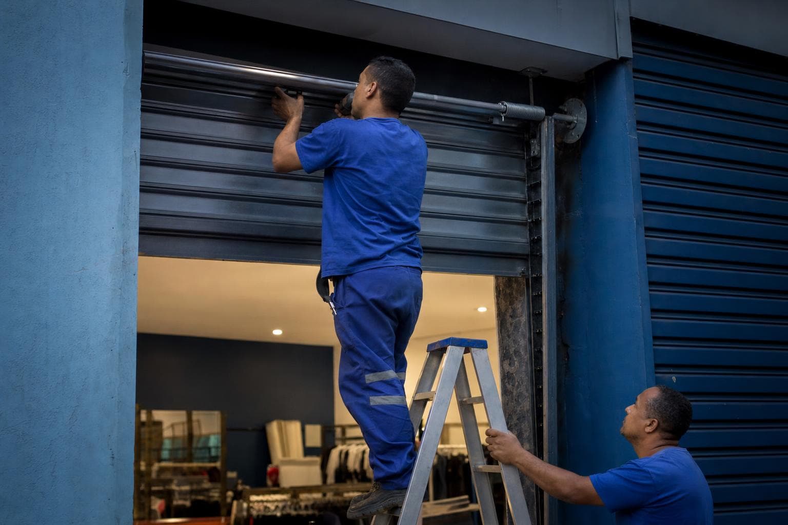 Instalador em uniforme azul ajustando o eixo de uma porta de aço de enrolar na fachada de uma loja