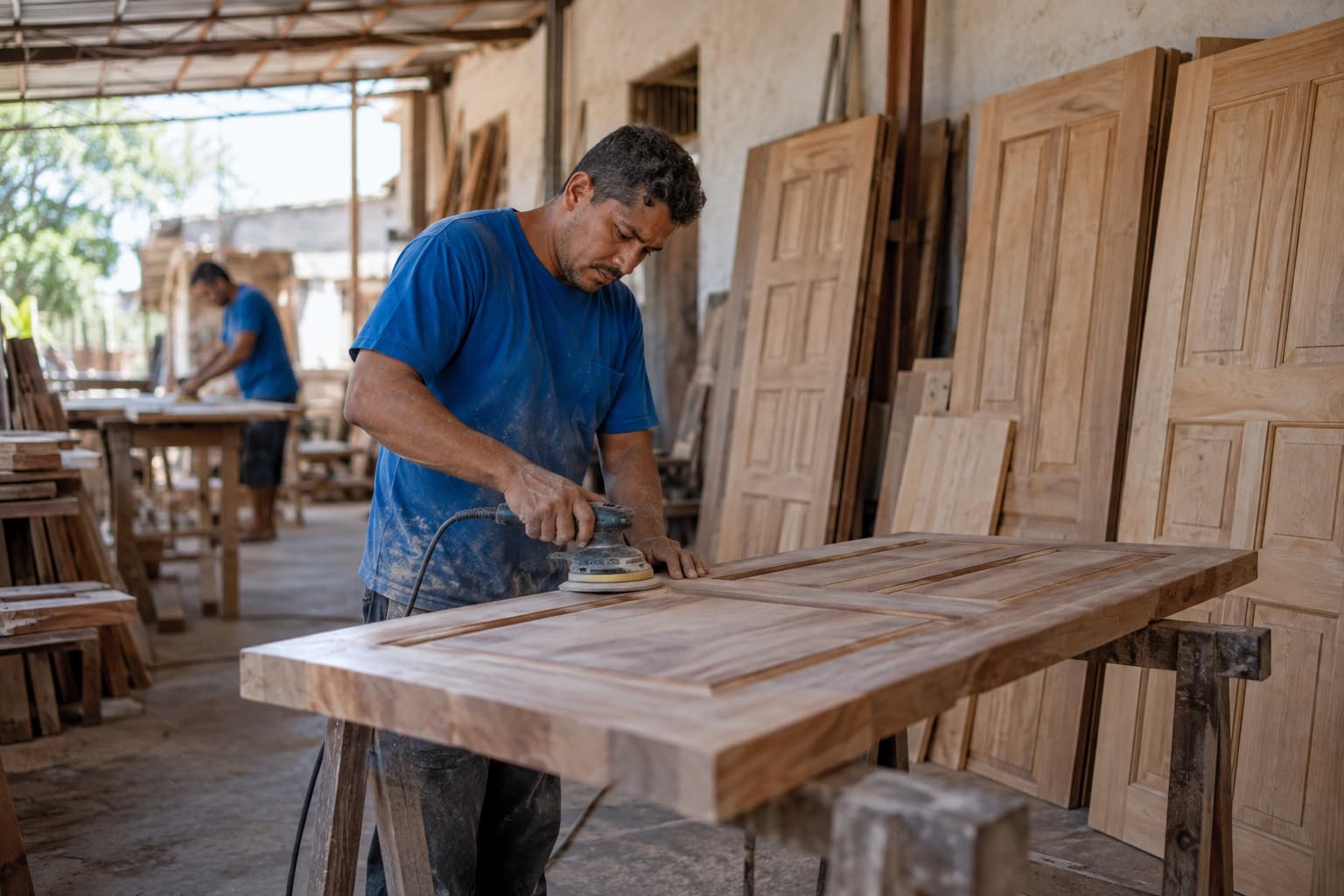 Marceneiro de camisa azul lixando uma porta de madeira maciça apoiada em cavaletes, com portas almofadadas encostadas na parede da fábrica