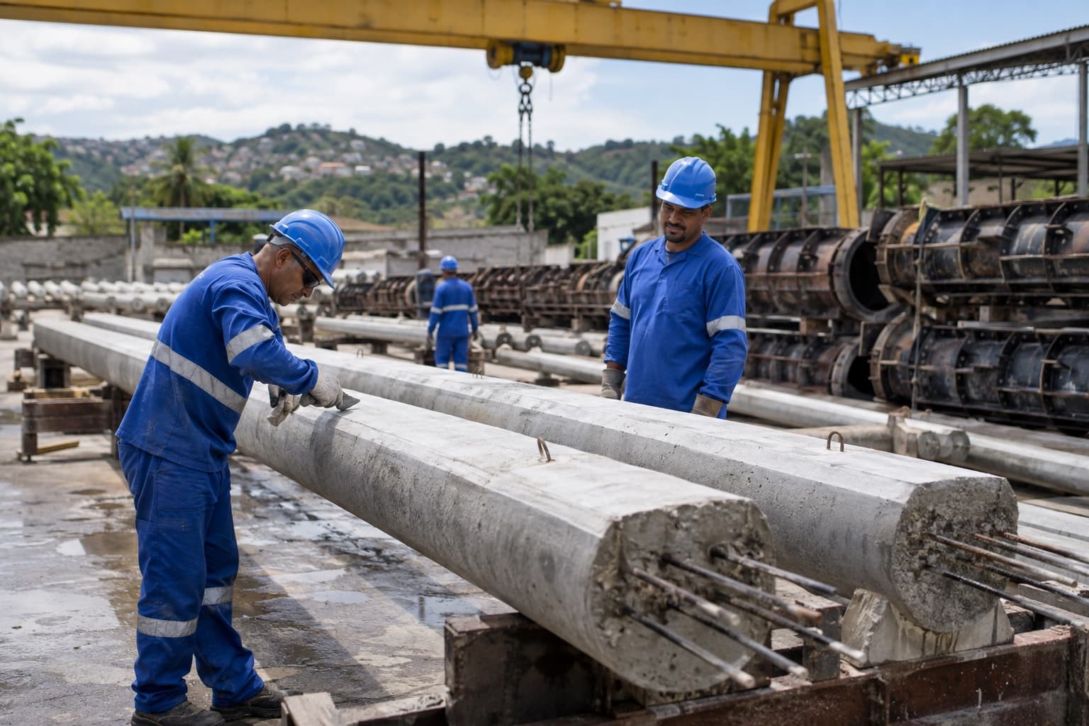Operários de macacão azul e capacete ao lado de longos postes de concreto armado em cura no pátio de uma fábrica, com fôrmas de aço e pórtico rolante ao fundo