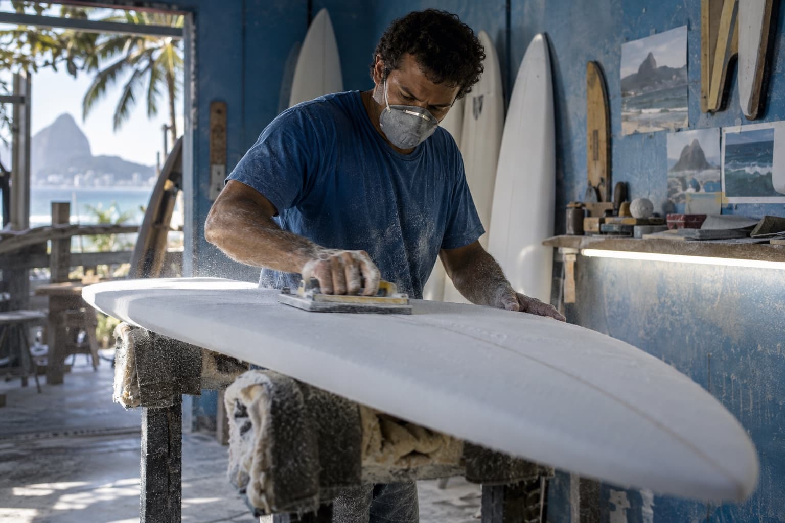 Shaper de camiseta azul e máscara lixando uma prancha de surf branca sobre cavaletes numa oficina de pranchas à beira-mar
