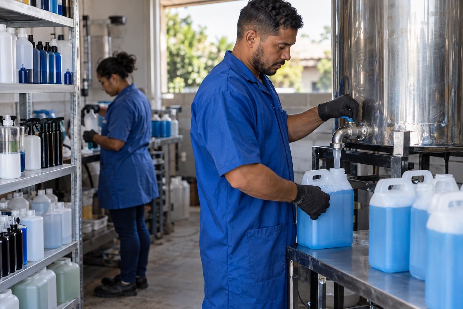 Técnico de jaleco azul enchendo bombonas de shampoo automotivo num tanque de mistura de inox, com frascos de produtos de limpeza automotiva na prateleira