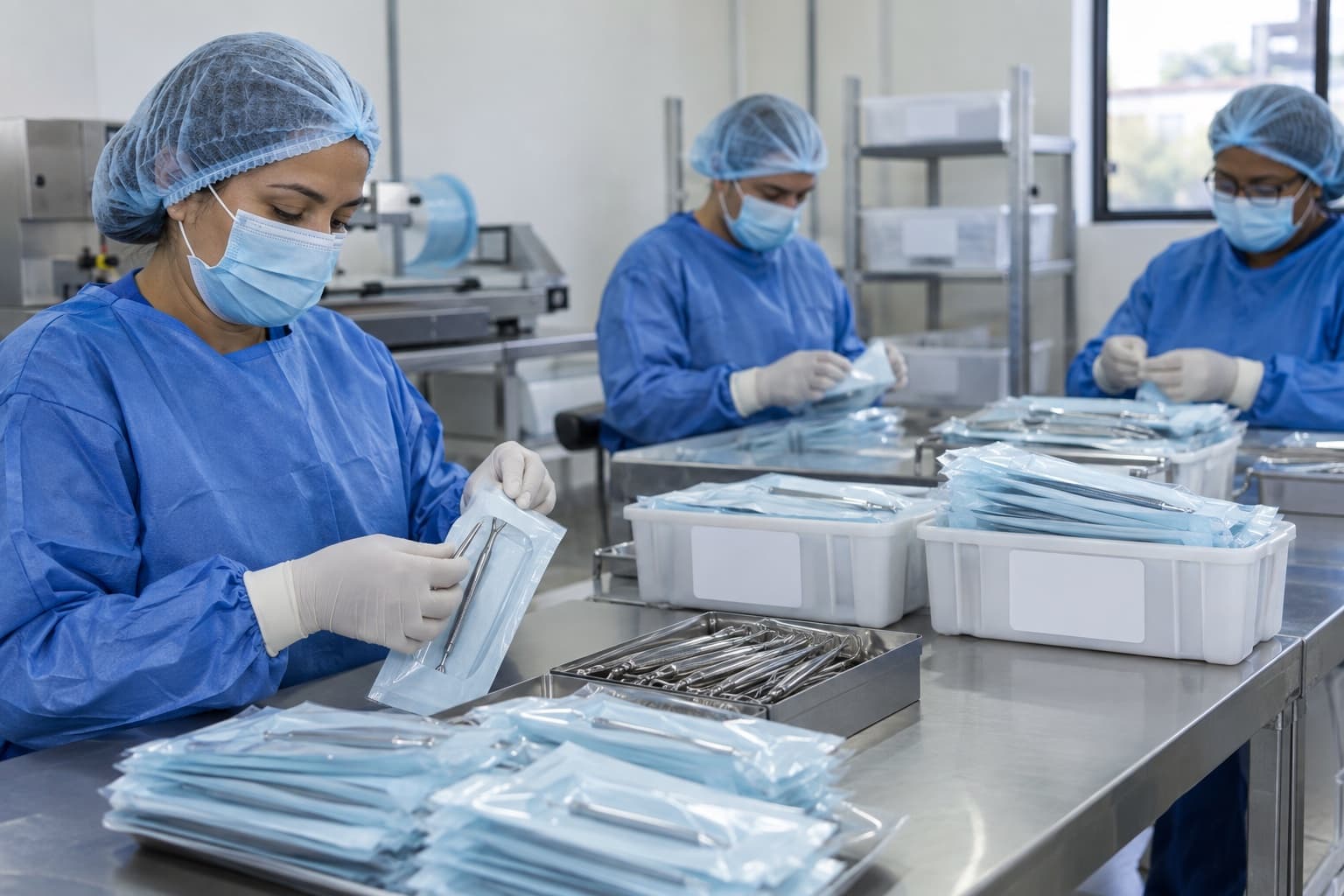 Técnicos de avental azul, touca e máscara embalando instrumentos odontológicos estéreis em embalagens seladas sobre uma bancada de inox numa sala limpa
