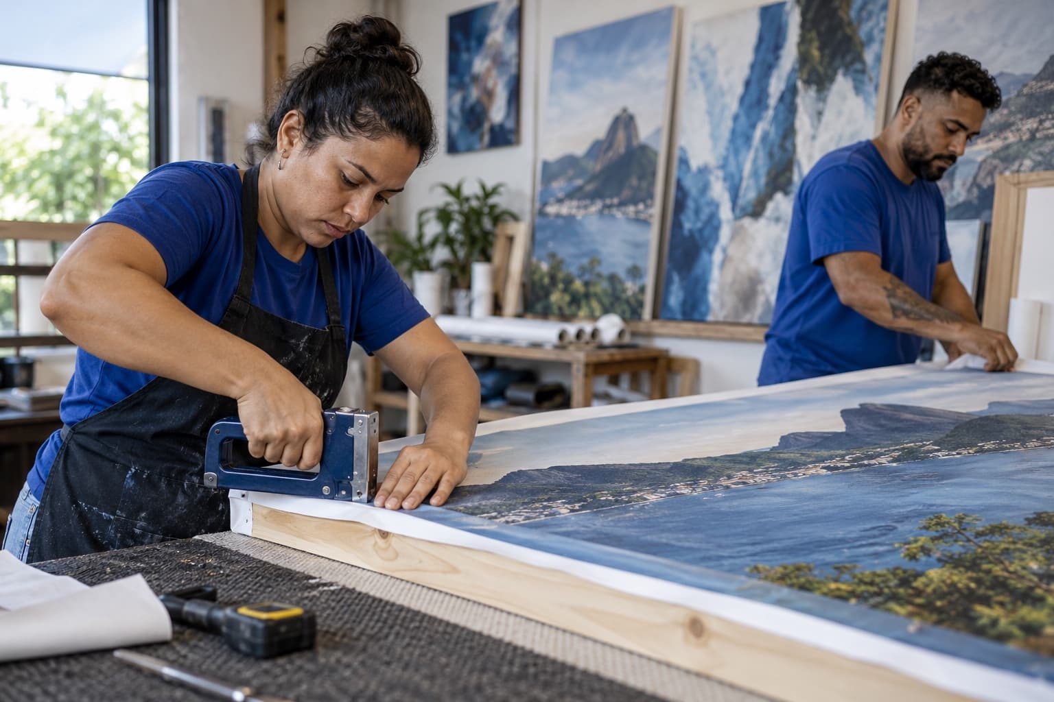 Funcionários esticando canvas impresso sobre chassi de madeira e grampeando na bancada, com quadros prontos encostados na parede