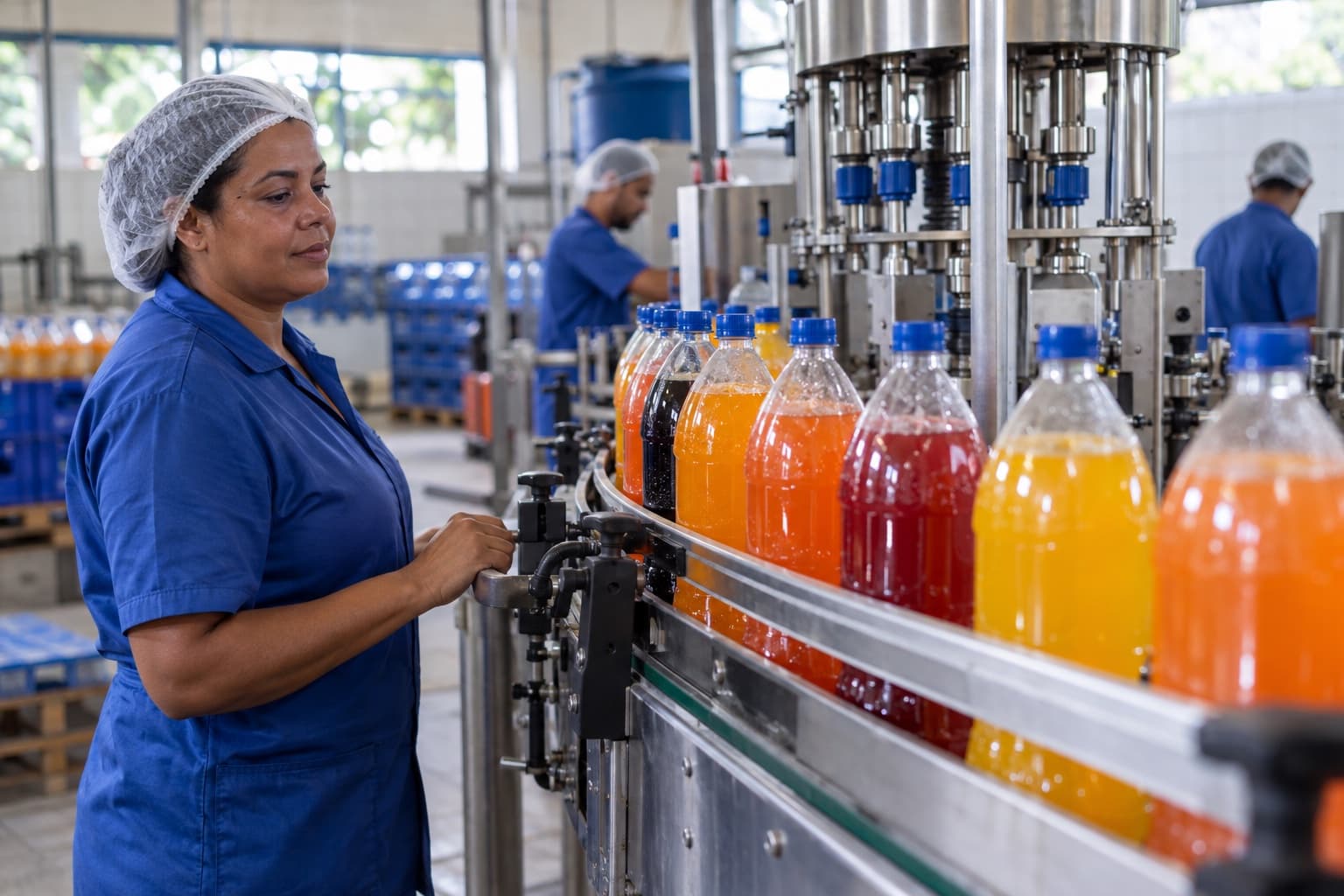 Operador de uniforme azul acompanhando garrafas PET de refrigerante colorido em uma linha de enchimento e tampa, em pequena fábrica de bebidas