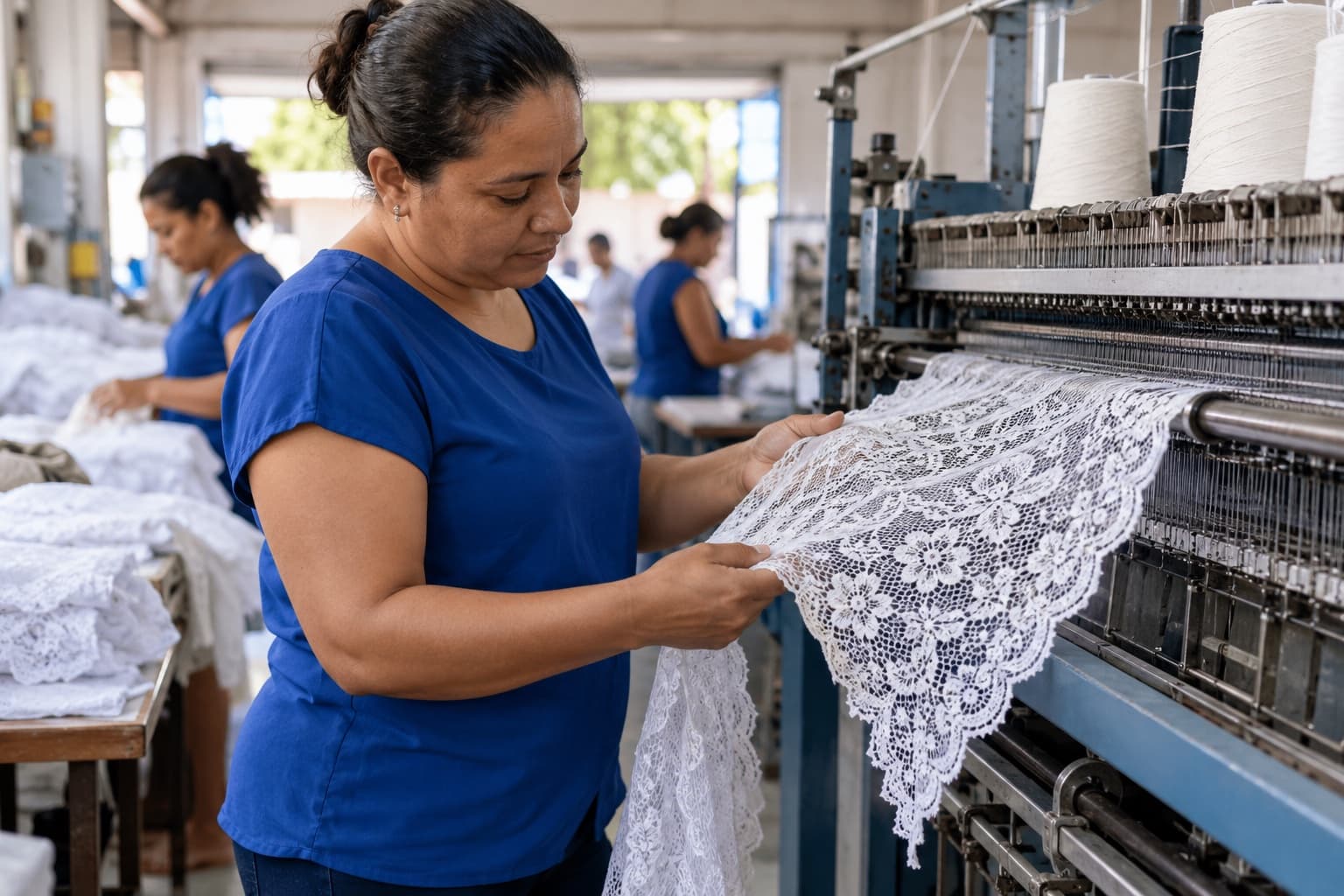 Operadora de blusa azul conferindo renda branca delicada saindo de uma máquina de renda numa pequena fábrica