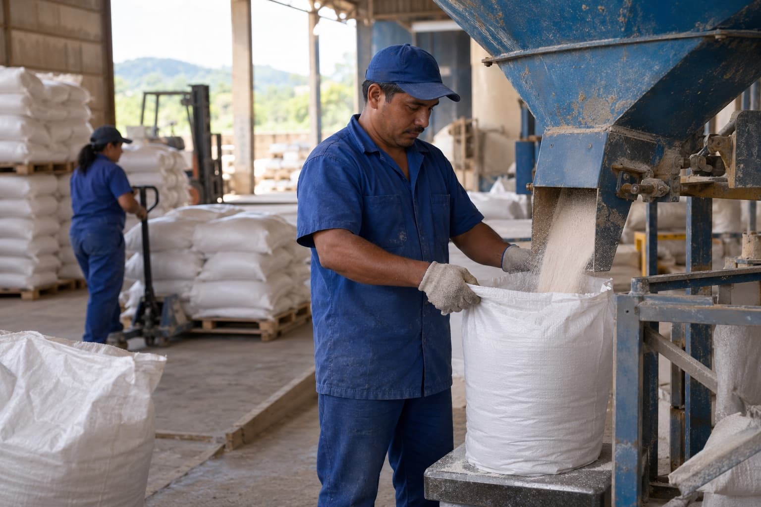 Operário de macacão azul enchendo um saco de 25 kg de sal mineral na bica de um misturador com paletes de sacos ao fundo