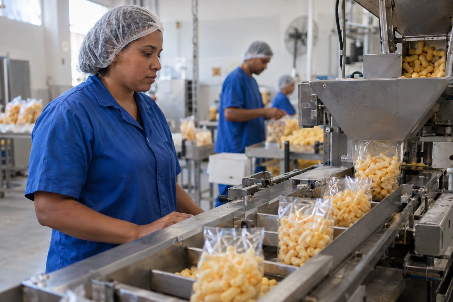 Funcionário de uniforme azul e touca observando salgadinhos de milho extrusados numa esteira de fábrica, com pacotes sendo enchidos